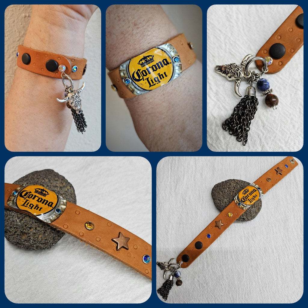 Beer Top Leather Cuff Bracelet - Rustic Boho Handmade Accessory - Unique Jewelry Gift for Her - Free Shipping  Statement Piece 387