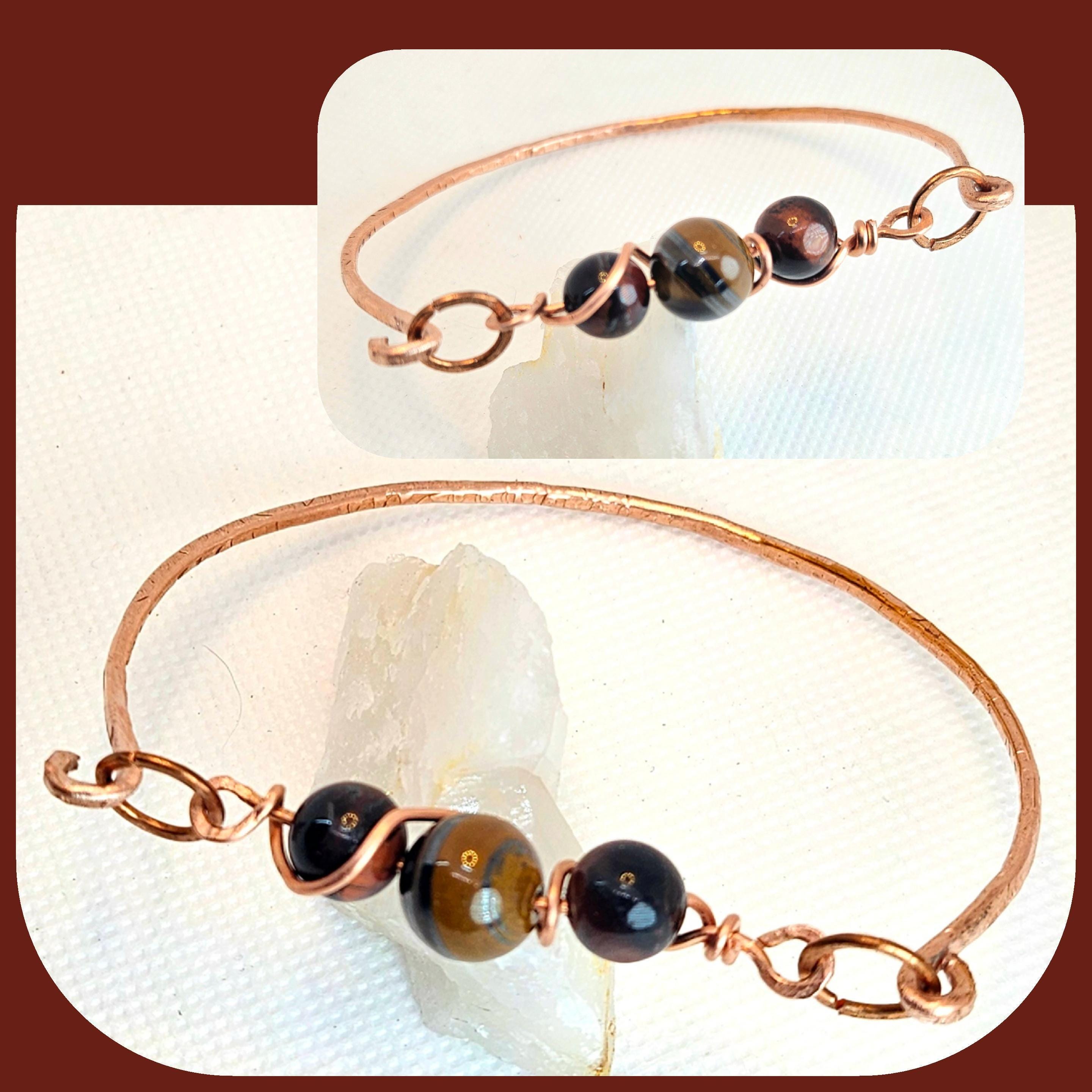 Textured Copper Bangle Bracelet with Red Tiger Eye Stone  Handcrafted Rustic Boho Jewelry  Unique Accessory for Everyday Wear  Gifts