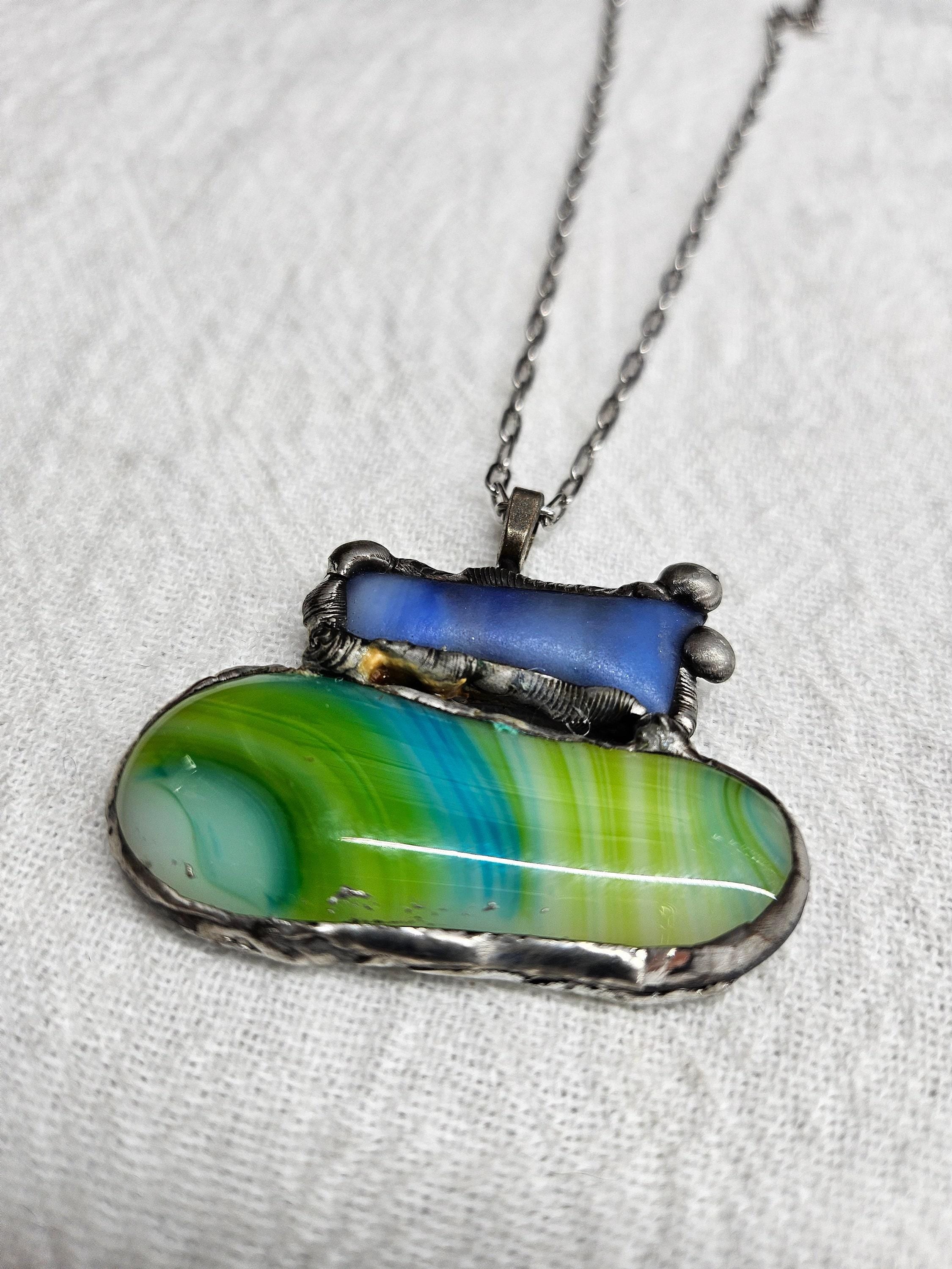 Fused Glass  Silver Soldered Pendant - Unique Rustic Boho Handmade Jewelry Gift for Her - Free Shipping Statement Piece