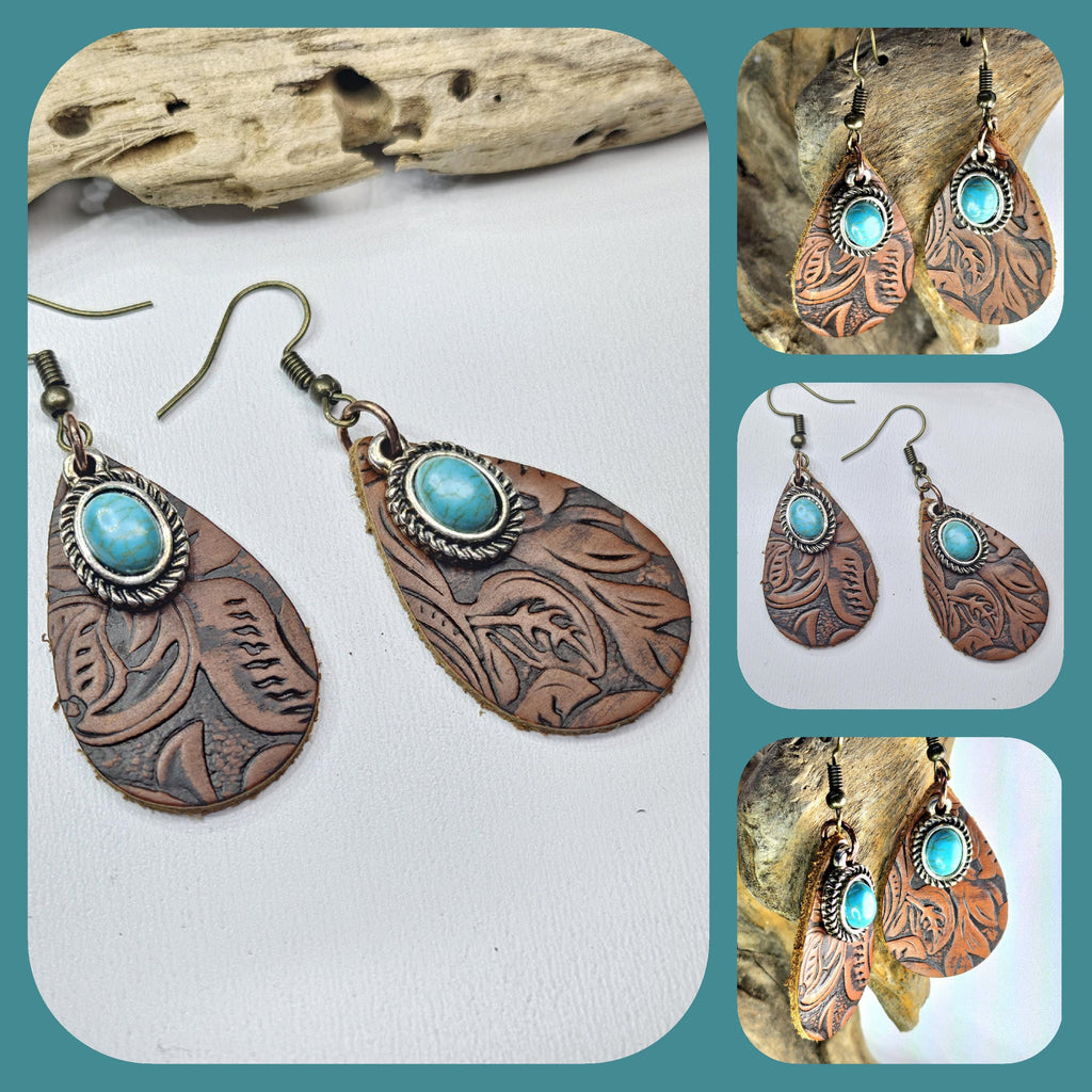 Handcut Leather Turquoise Dangle Earrings with Stainless Steel Hooks for Stylish Comfort