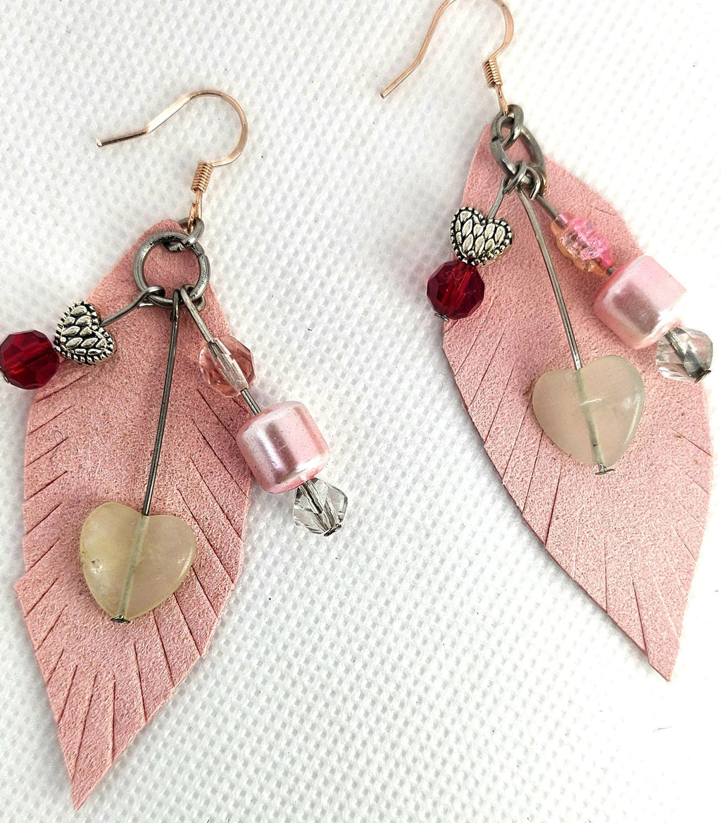 Handcrafted Leather Feather Earrings with Agate  Hematite  Rustic Boho Jewelry with Rose Gold Hooks for Everyday  Special Occasions