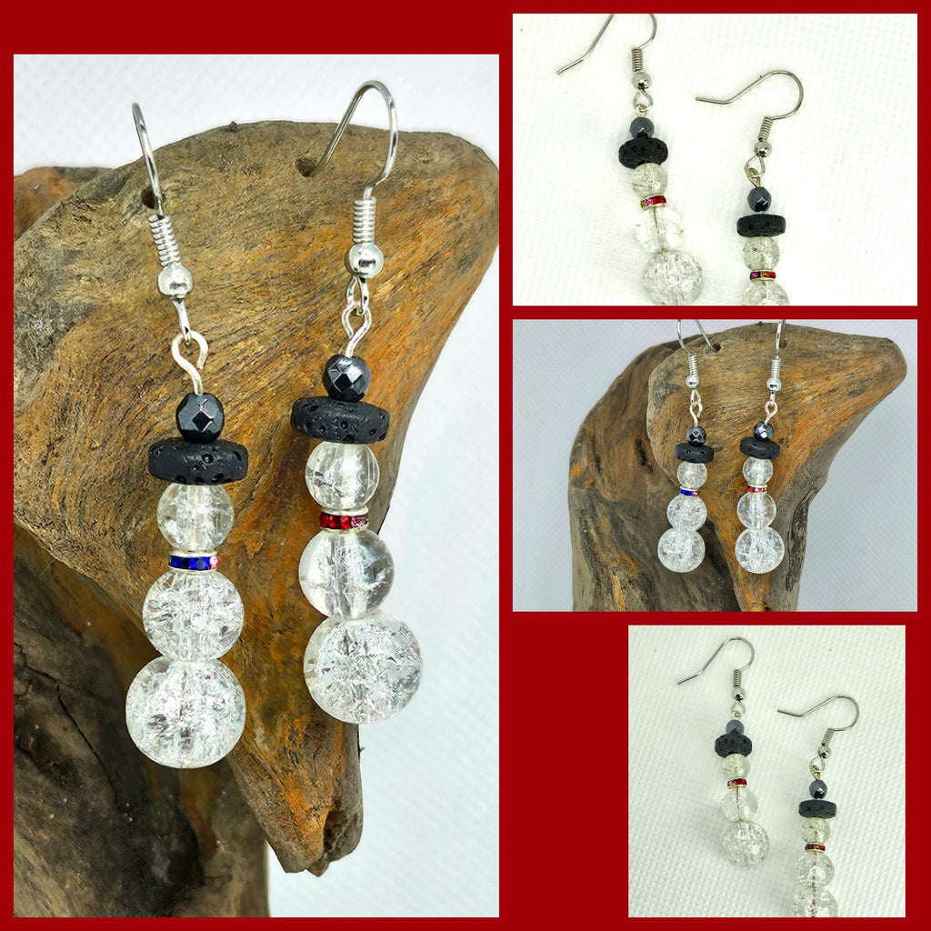 Clear Crackle Glass Earrings - Rustic Boho Handmade Jewelry Gift for Her - Unique Stainless Steel  Glass Design - Free Shipping