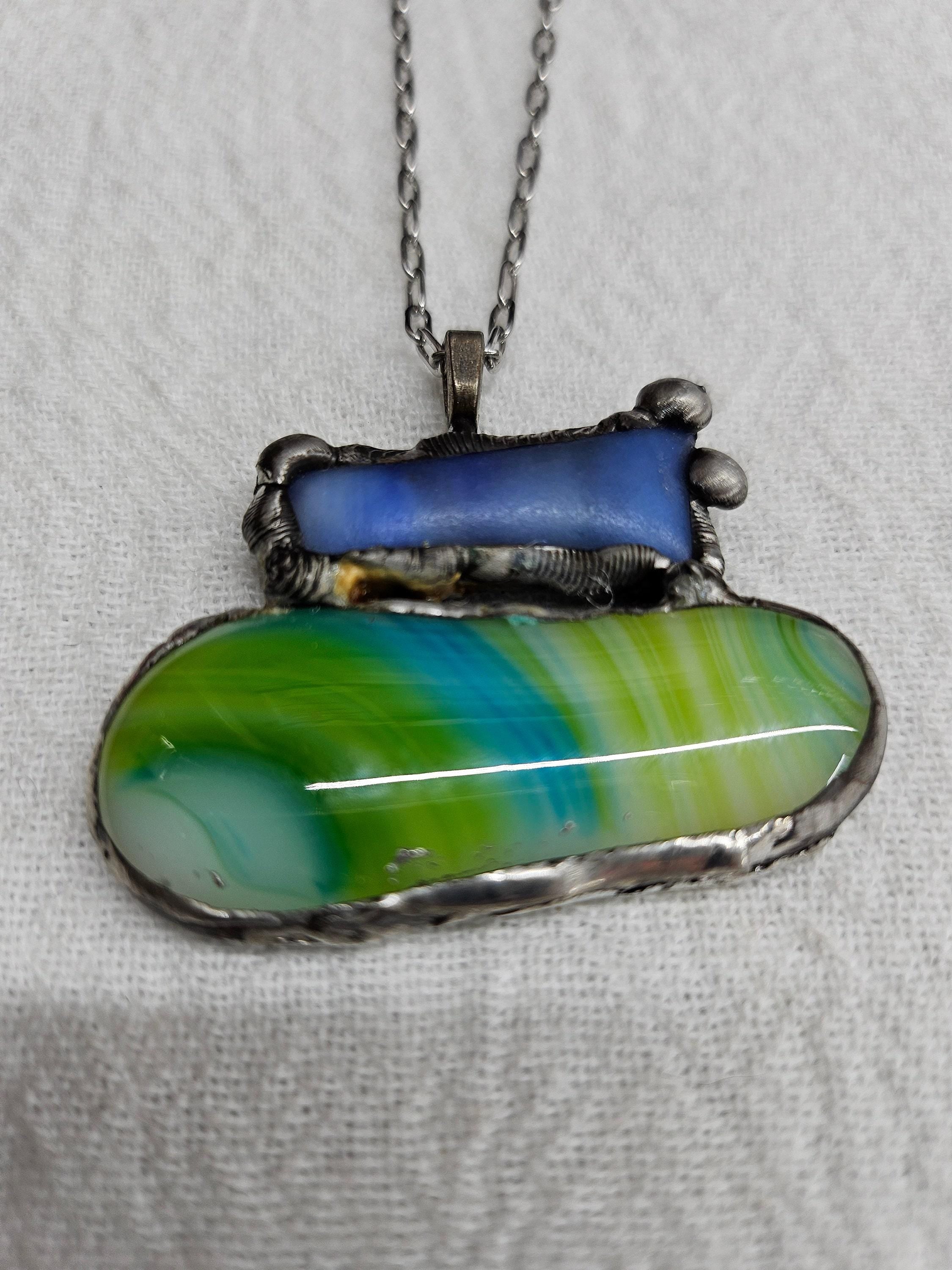 Fused Glass  Silver Soldered Pendant - Unique Rustic Boho Handmade Jewelry Gift for Her - Free Shipping Statement Piece