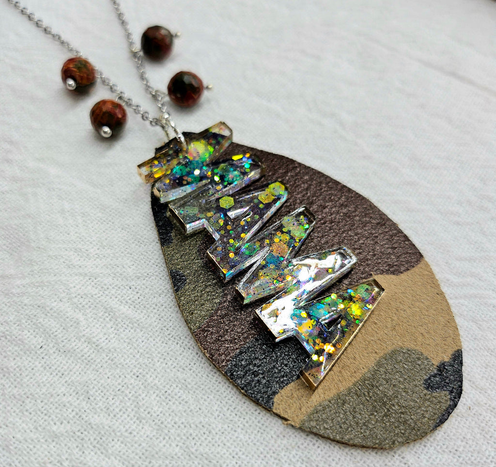 Mama Charm Leather Fringe Pendant with Cherry Creek Jasper Beads on Stainless Steel Chain - Stylish Camo Teardrop Accessory for Moms