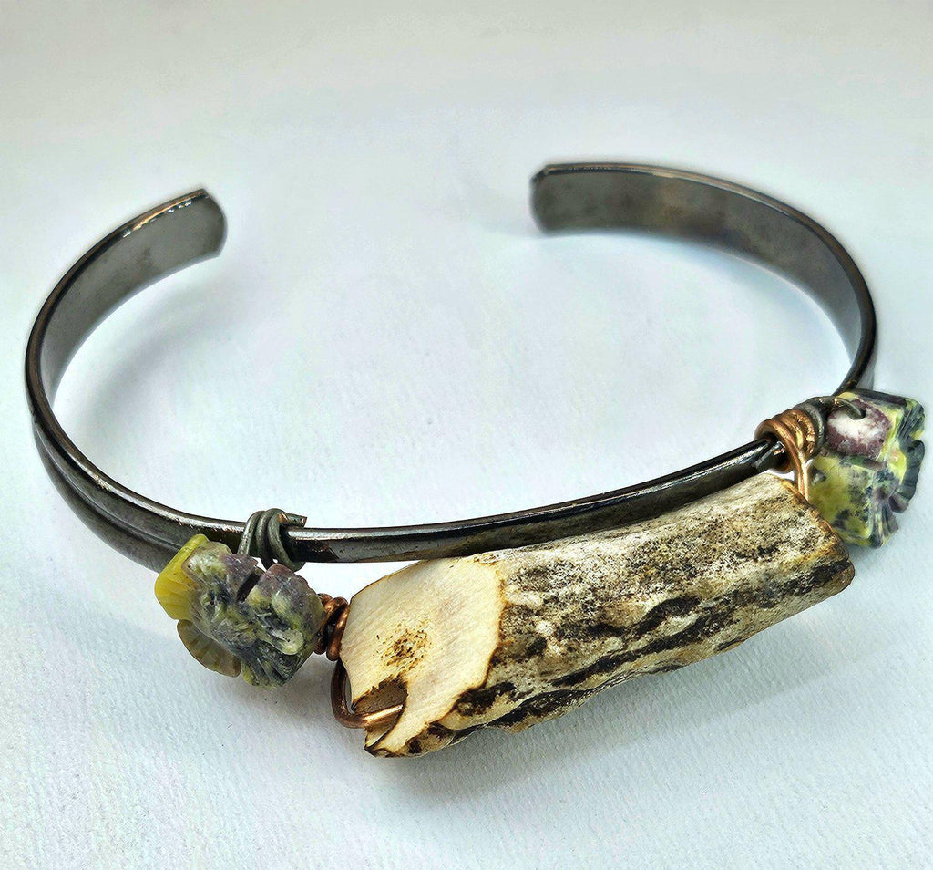 Natural Deer Antler  Flower Obsidian Cuff Bracelet for Rustic Boho Style Handmade Statement Jewelry FREE Shipping