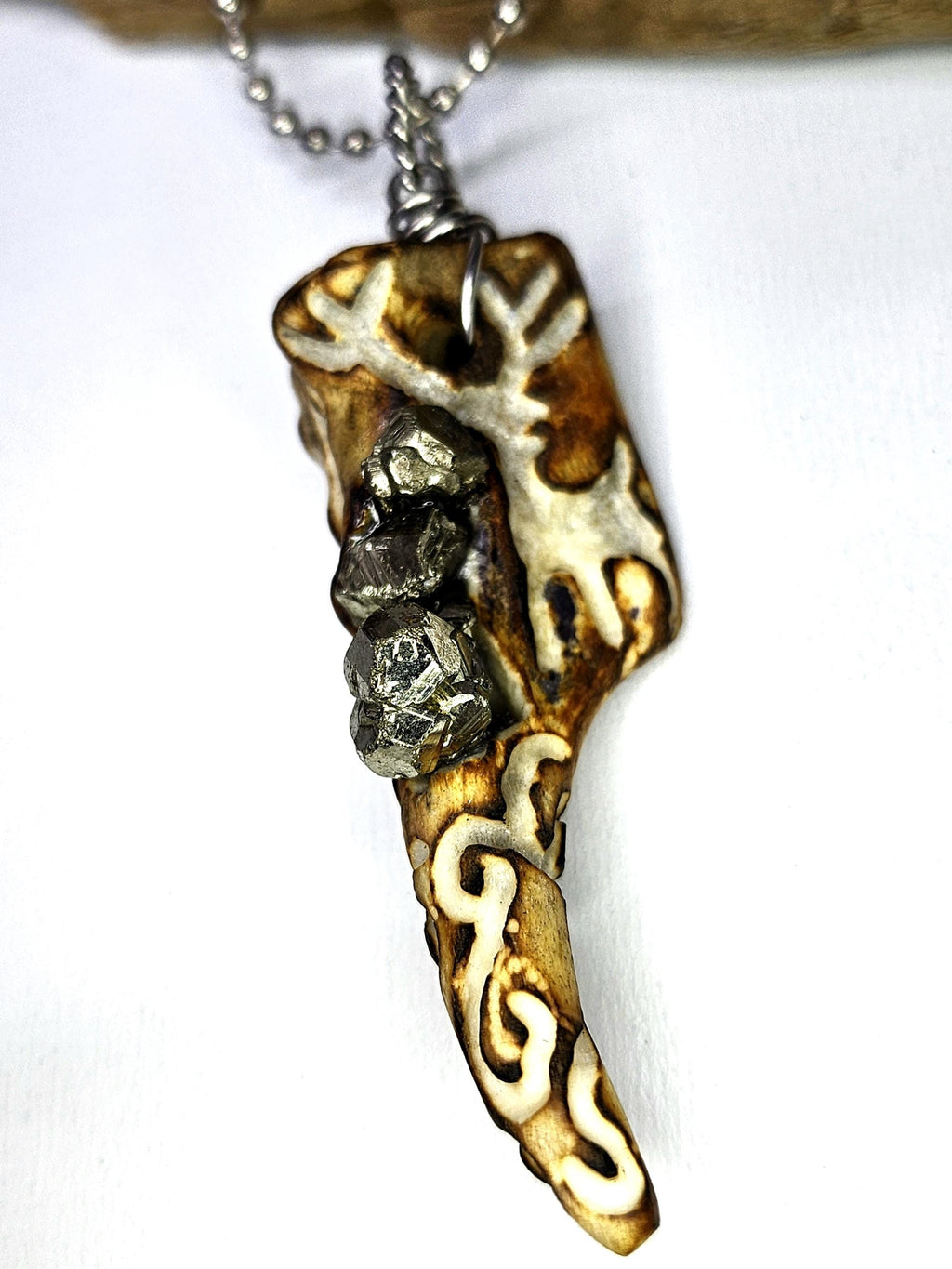 Hand Carved Deer Tine  Pyrite Nugget Pendant on Stainless Steel Chain  Rustic Woodland Jewelry Good Luck Charm for Nature Lovers