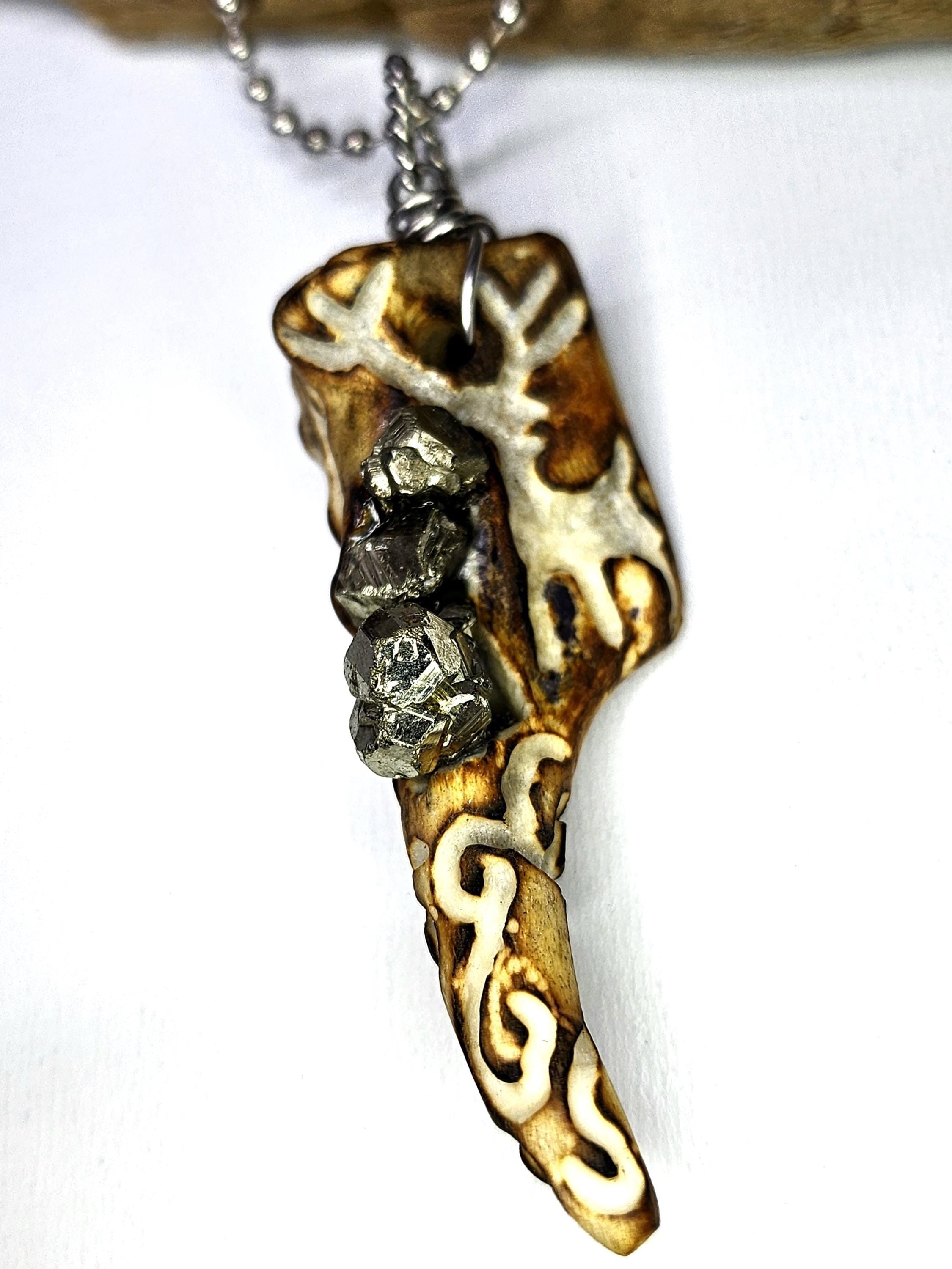 Hand Carved Deer Tine  Pyrite Nugget Pendant on Stainless Steel Chain  Rustic Woodland Jewelry Good Luck Charm for Nature Lovers