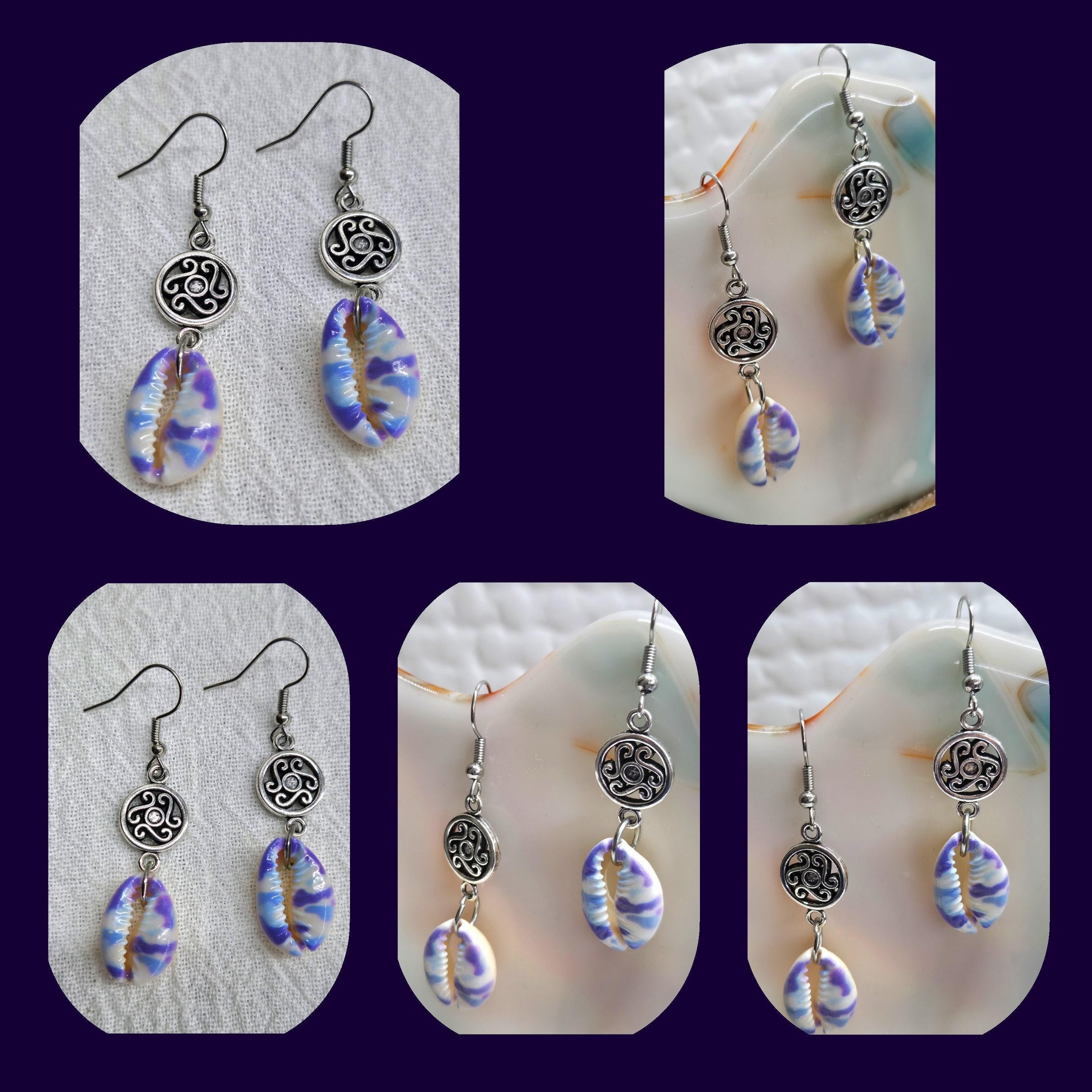 Handmade Painted Cowrie Shell  Charm Earrings  Rustic Boho Jewelry Gift for Her with Free Shipping  Unique Accessory for Beach Days