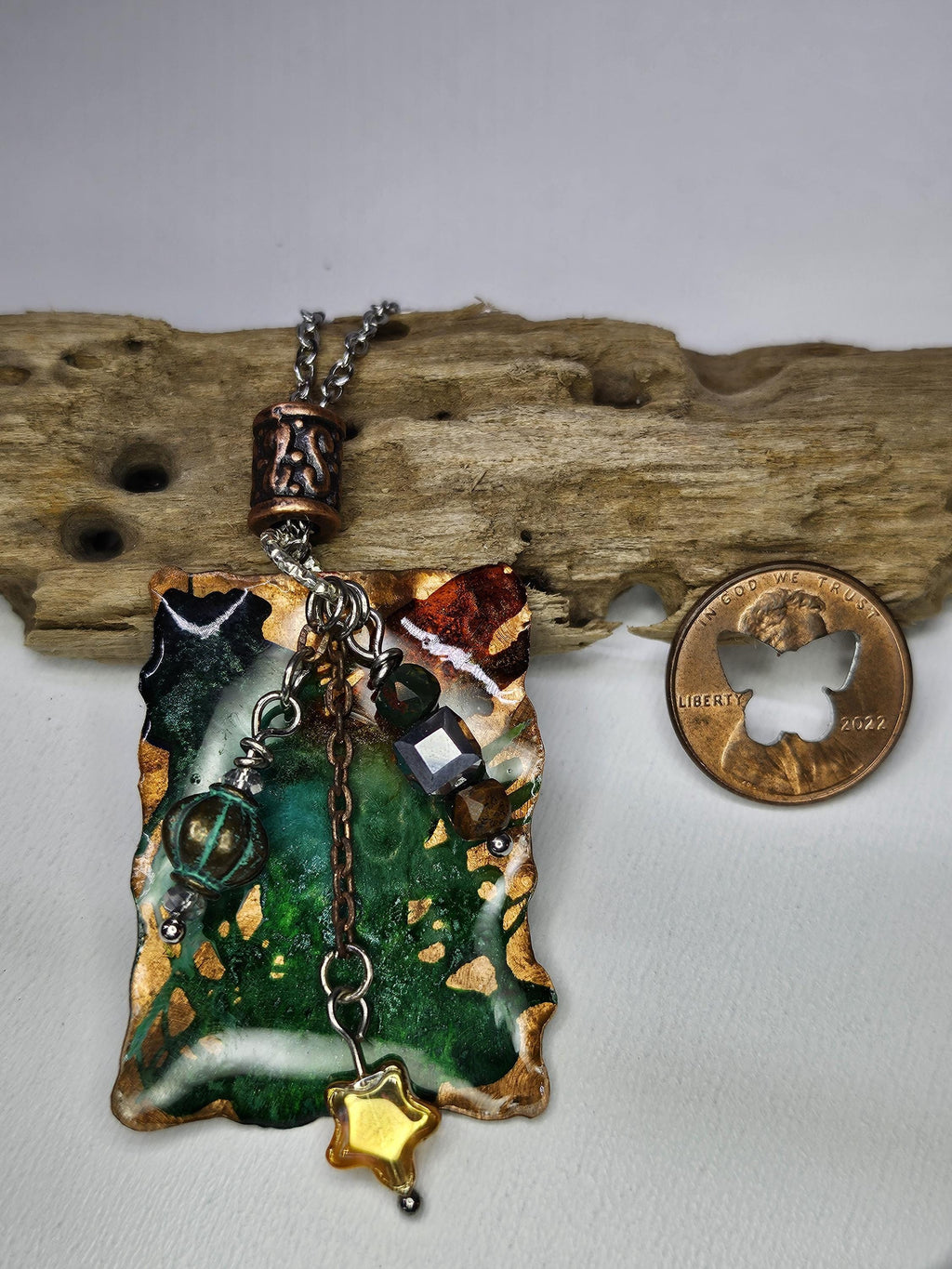 Textured Copper  Ink Stained Pendant Necklace - Rustic Boho Handmade Jewelry Gift for Her - FREE SHIPPING