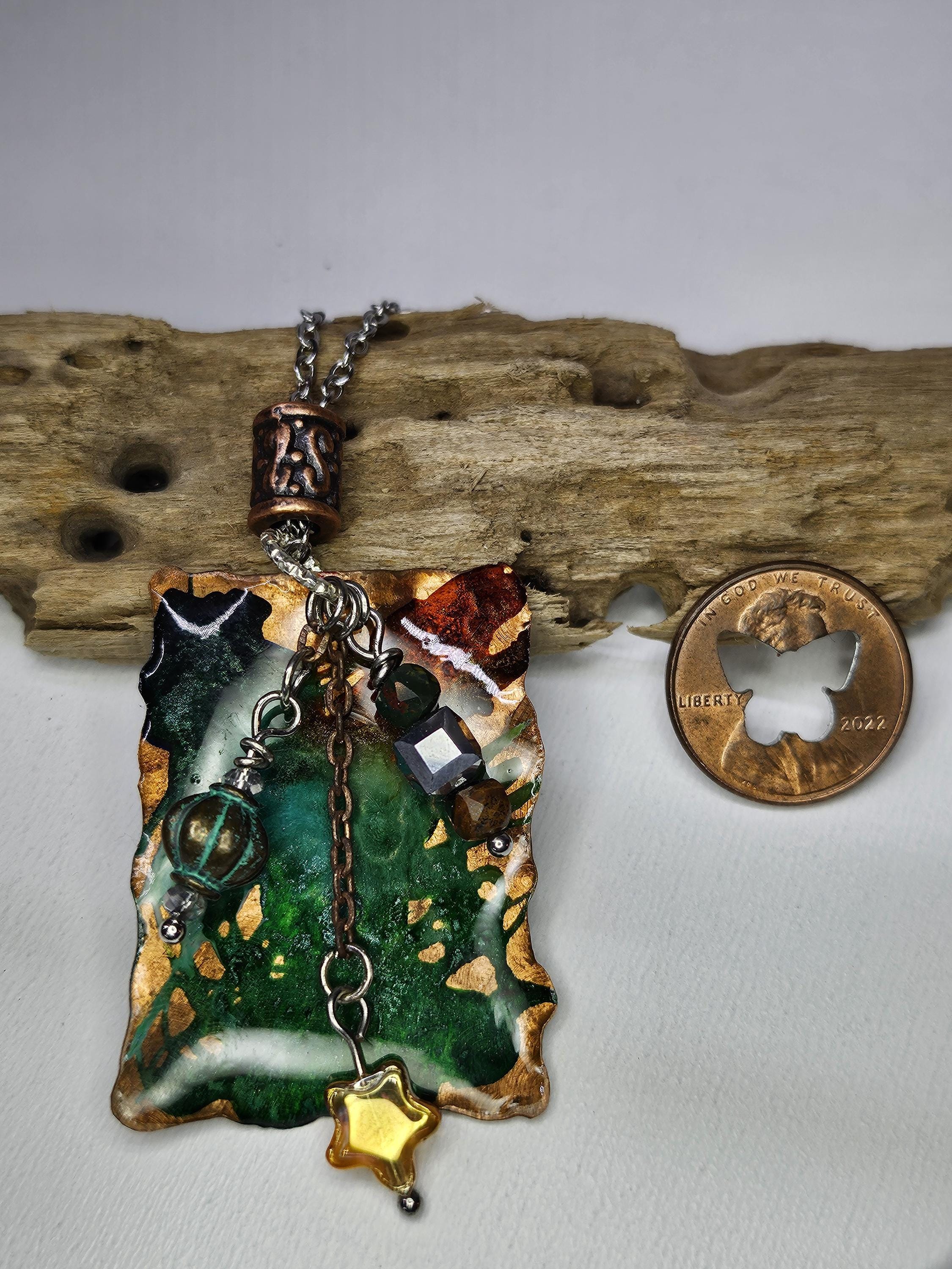 Textured Copper  Ink Stained Pendant Necklace - Rustic Boho Handmade Jewelry Gift for Her - FREE SHIPPING