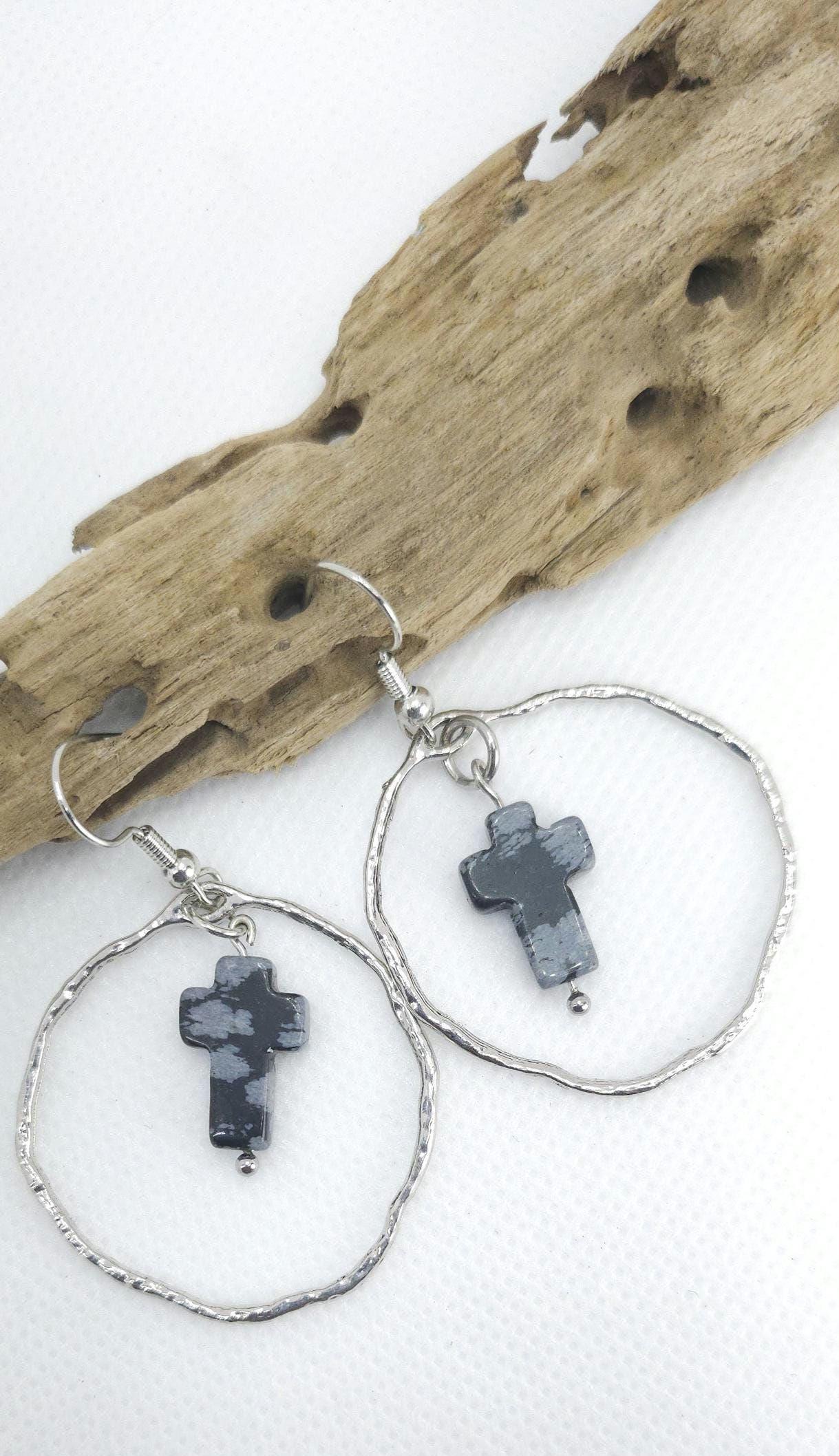 Handmade Snowflake Obsidian Cross Drop Earrings for Rustic Boho Style Elegant Stone Jewelry - Unique Gift with FREE Shipping