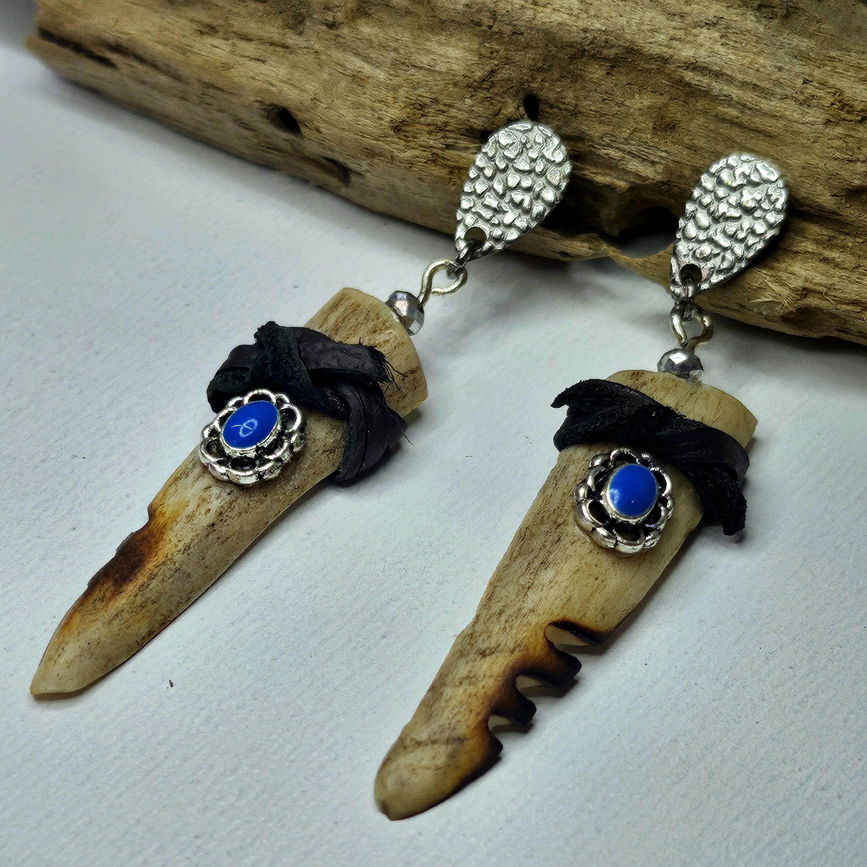 Handmade Rustic Boho Split Deer Antler Tine  Leather Earrings with Turquoise and Gemstones - Unique Gift for Her Free Shipping