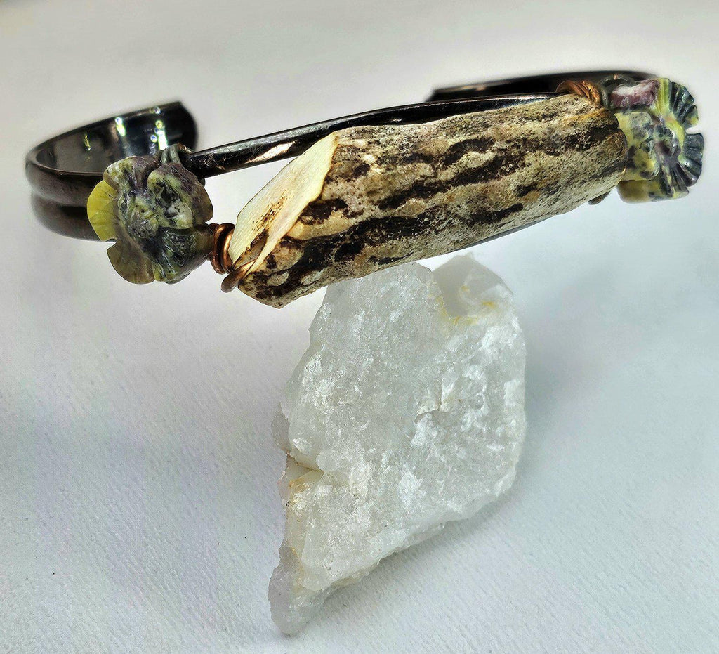 Natural Deer Antler  Flower Obsidian Cuff Bracelet for Rustic Boho Style Handmade Statement Jewelry FREE Shipping