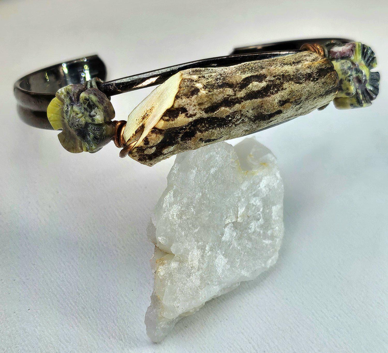 Natural Deer Antler  Flower Obsidian Cuff Bracelet for Rustic Boho Style Handmade Statement Jewelry FREE Shipping