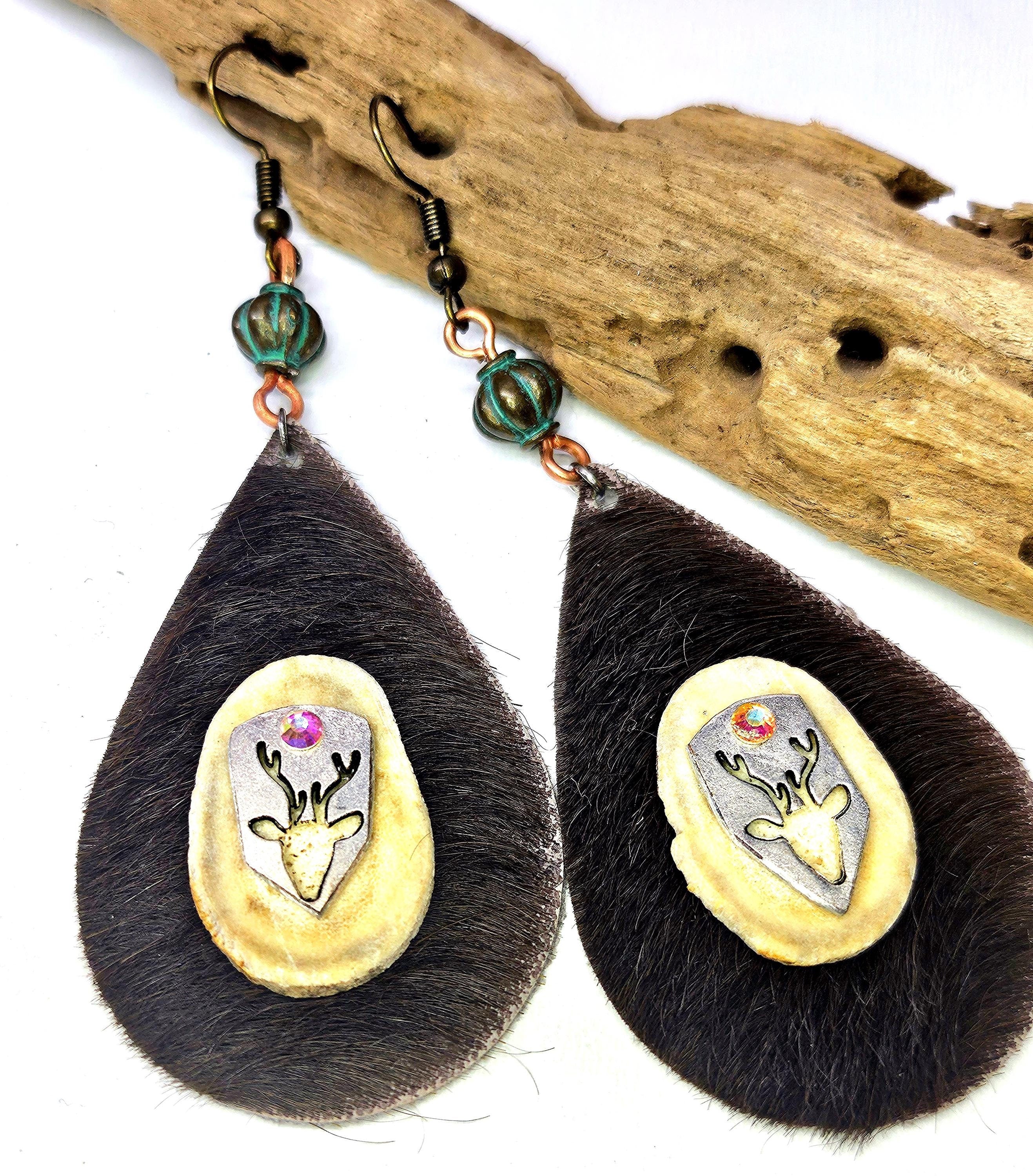 Rustic Deer Antler Slice  Leather Earrings on Stainless Steel Hooks for Nature Lovers  Woodland Chic Jewelry