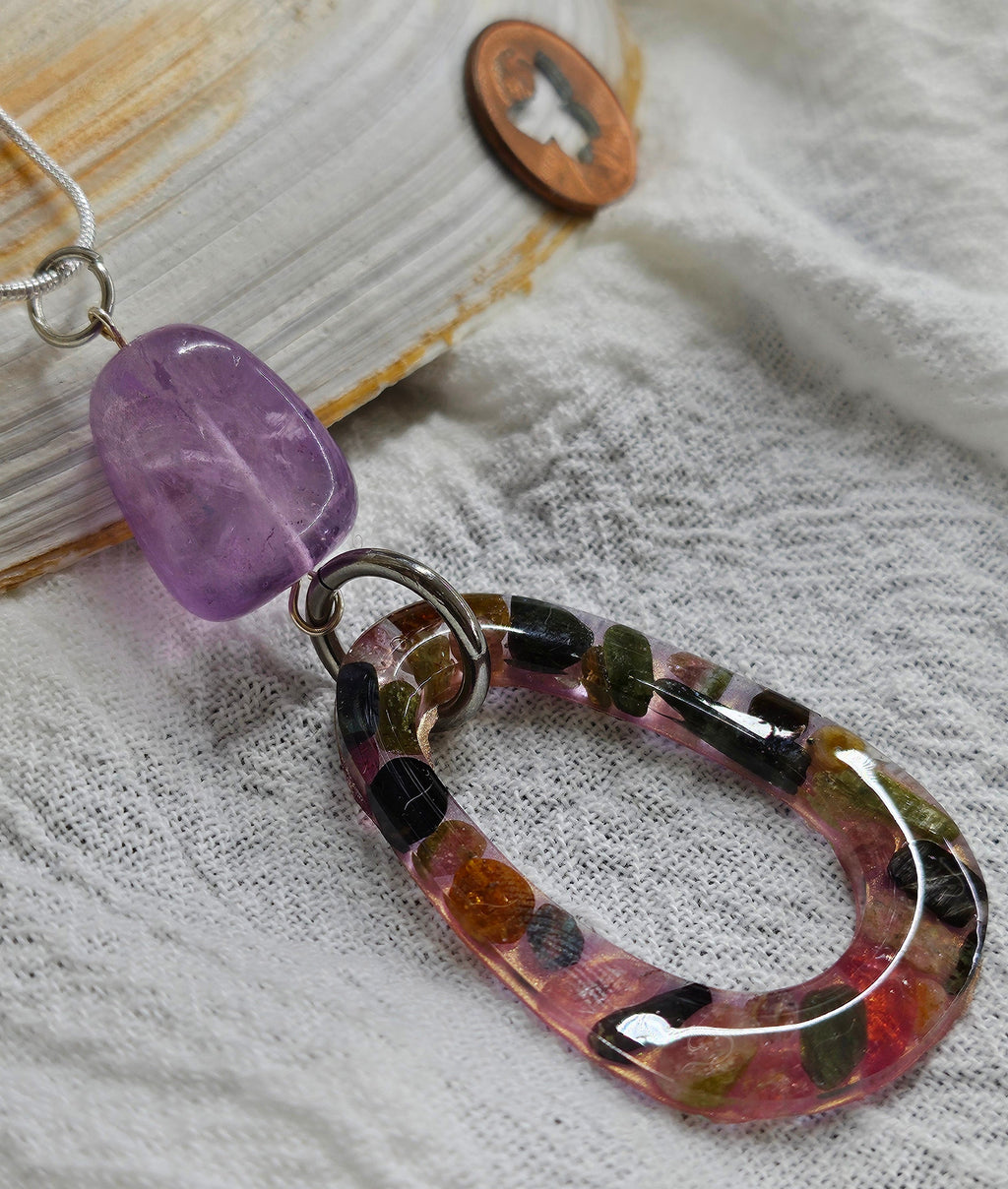 Unique Tourmaline  Amethyst Nugget Pendant on Durable Stainless Steel Chain for Everyday Elegance and Style