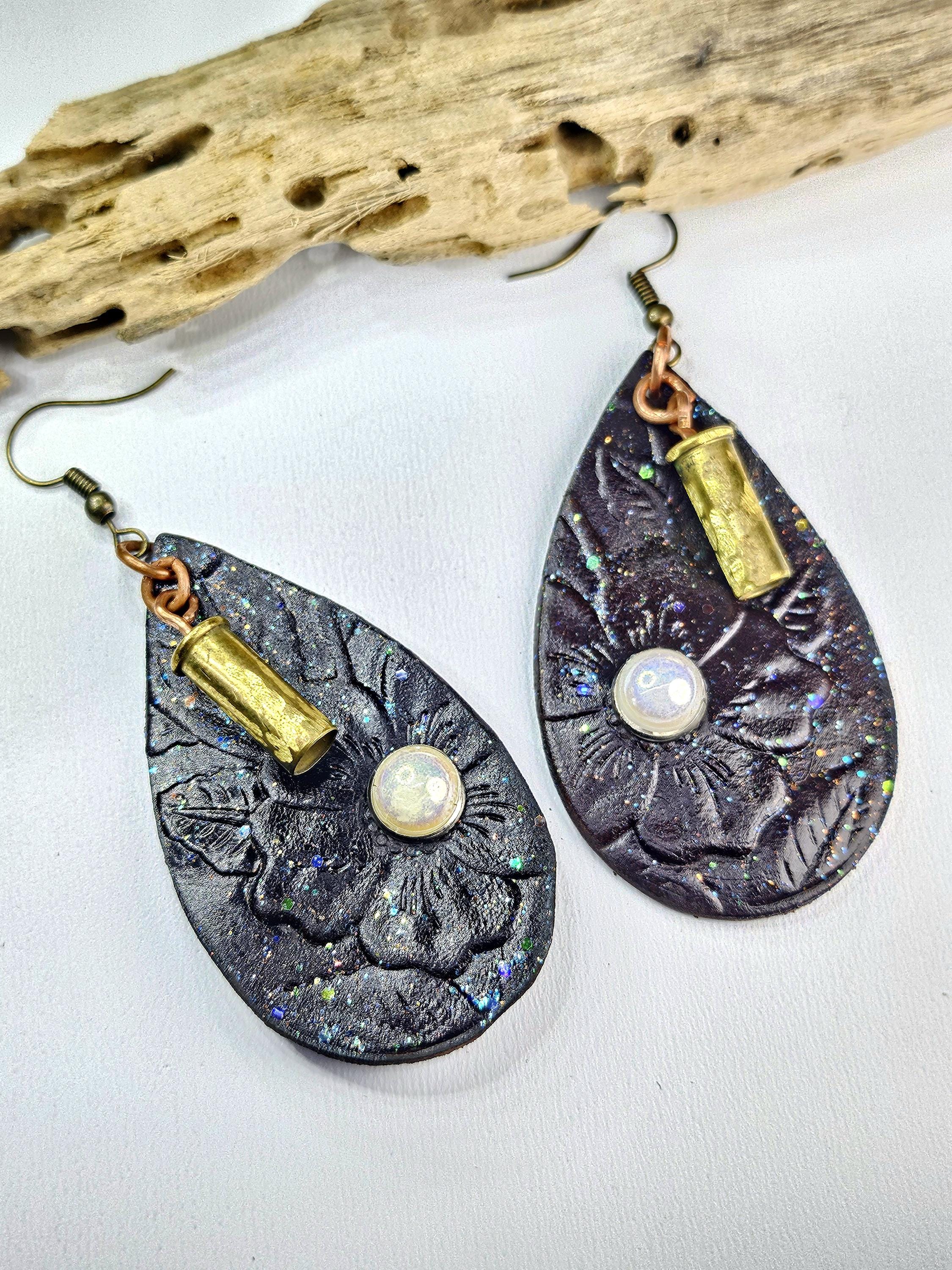 Embossed Leather Pearl Stud Earrings with 22 Bullet Brass Detail - Unique Fashion Statement for Bold Style