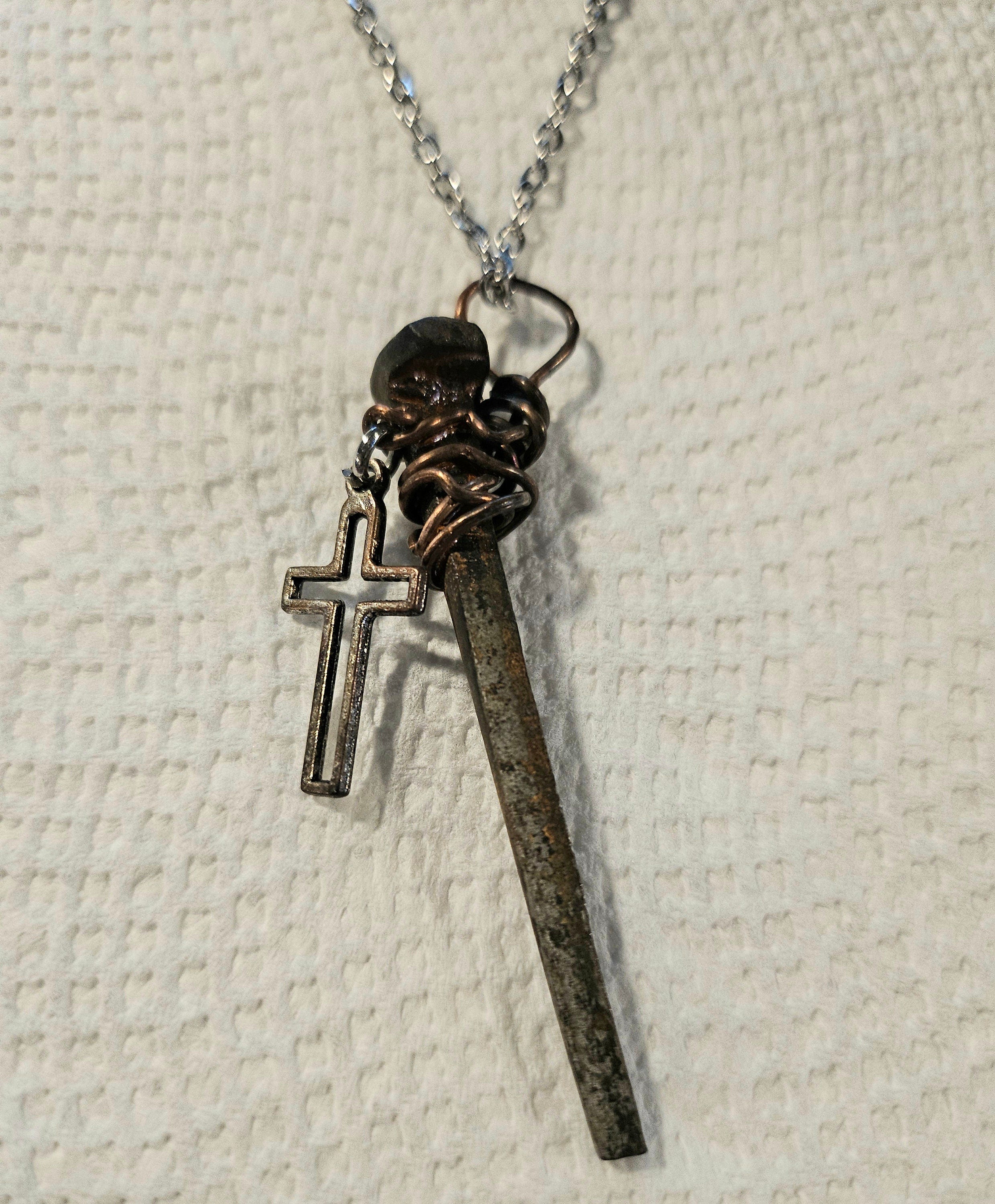 Whimsical Horse Shoe Nail  Cross Pendant Necklace in Durable Stainless Steel - Rustic Cowboy Spiritual Jewelry for Unique Style