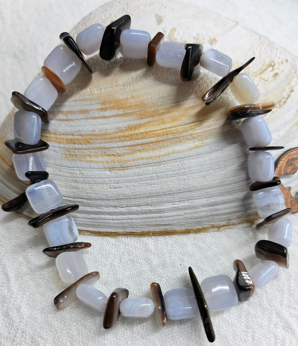 Blue Lace Agate  Abalone Shell Stretch Bracelet for Effortless Beachy Style