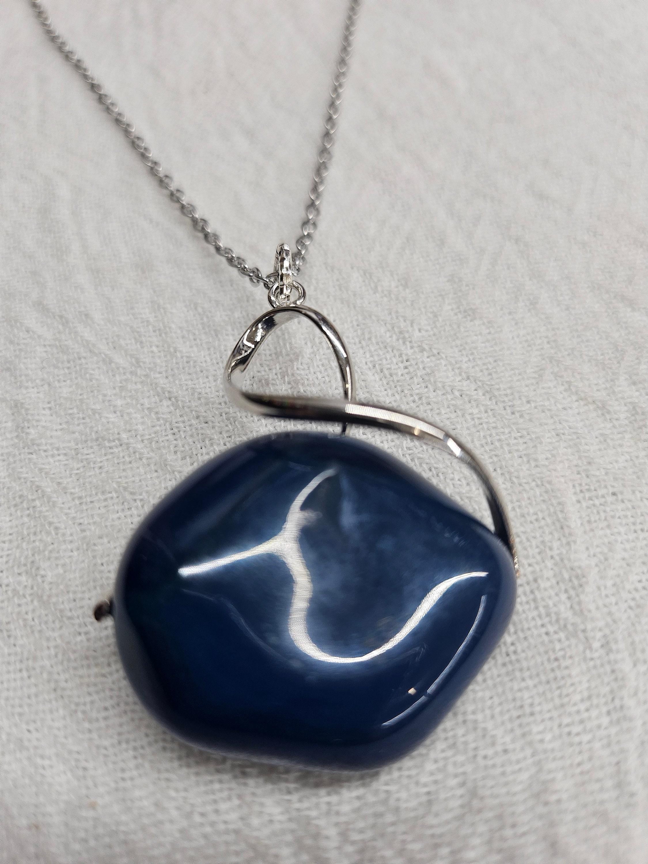 Handcrafted Blue Agate  Stainless Steel Pendant Necklace - Unique Rustic Boho Jewelry Gift for Her with FREE Shipping - One-of-a-Kind Design