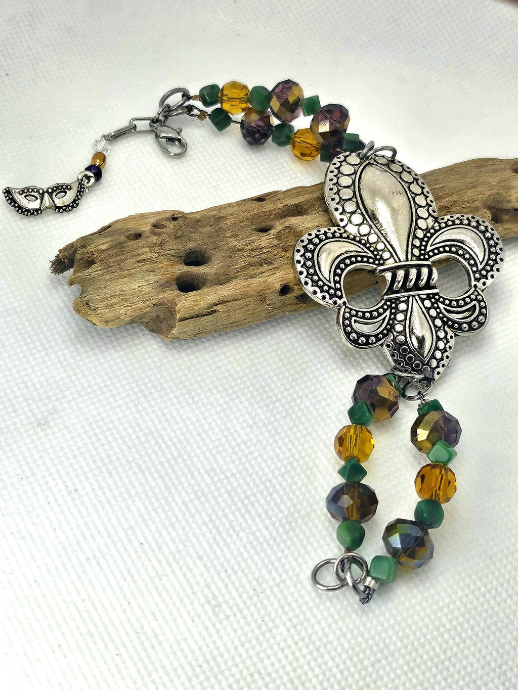 Moss Agate  Fleur De Lis Charm Bracelet for Mardi Gras Celebration Earthy Chic Jewelry Colorful Statement Accessory Perfect Gift