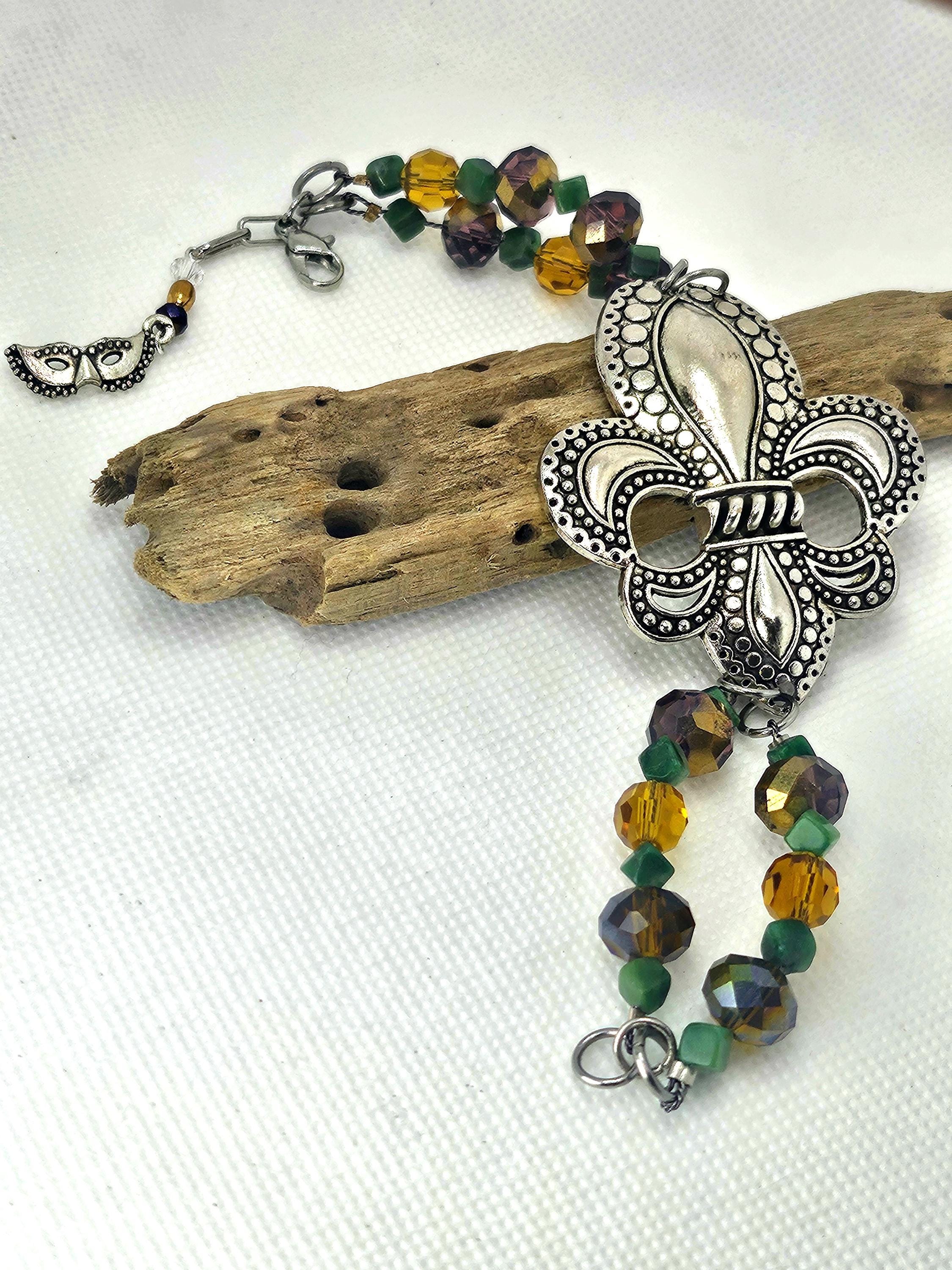Moss Agate  Fleur De Lis Charm Bracelet for Mardi Gras Celebration Earthy Chic Jewelry Colorful Statement Accessory Perfect Gift