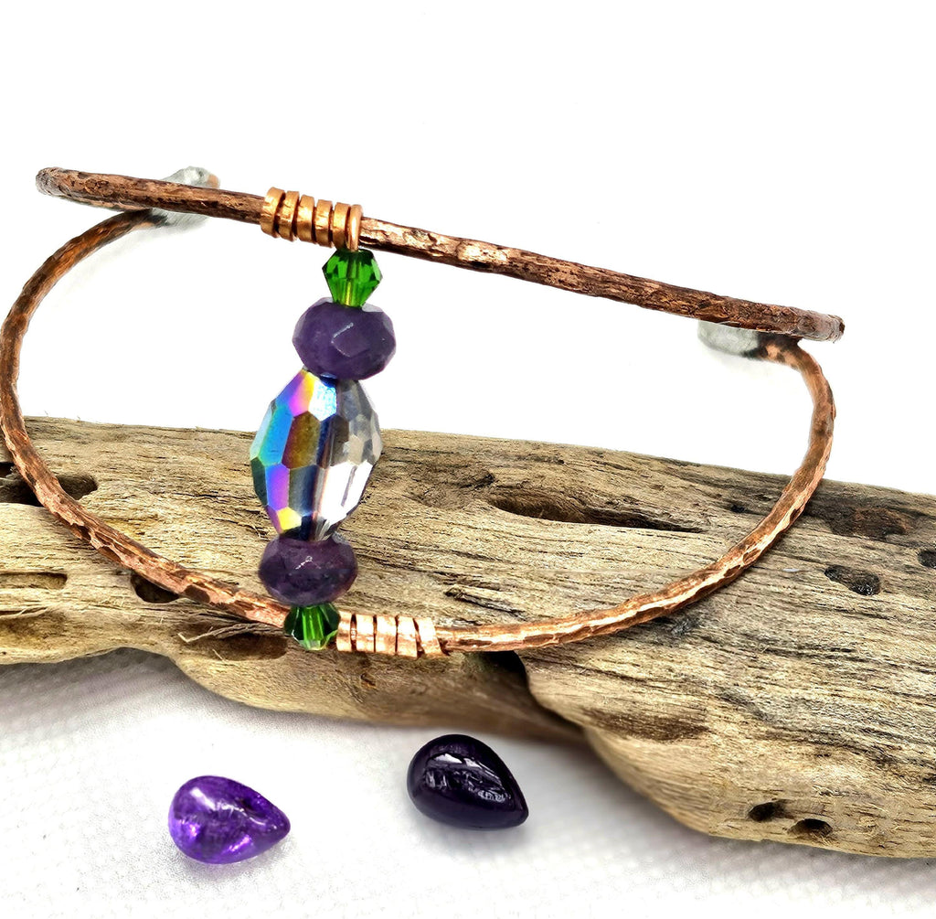 Textured Copper Wire Cuff Bracelet with Crystal Accent  Rustic Boho Handmade Jewelry Gift for Her  Free Shipping Available