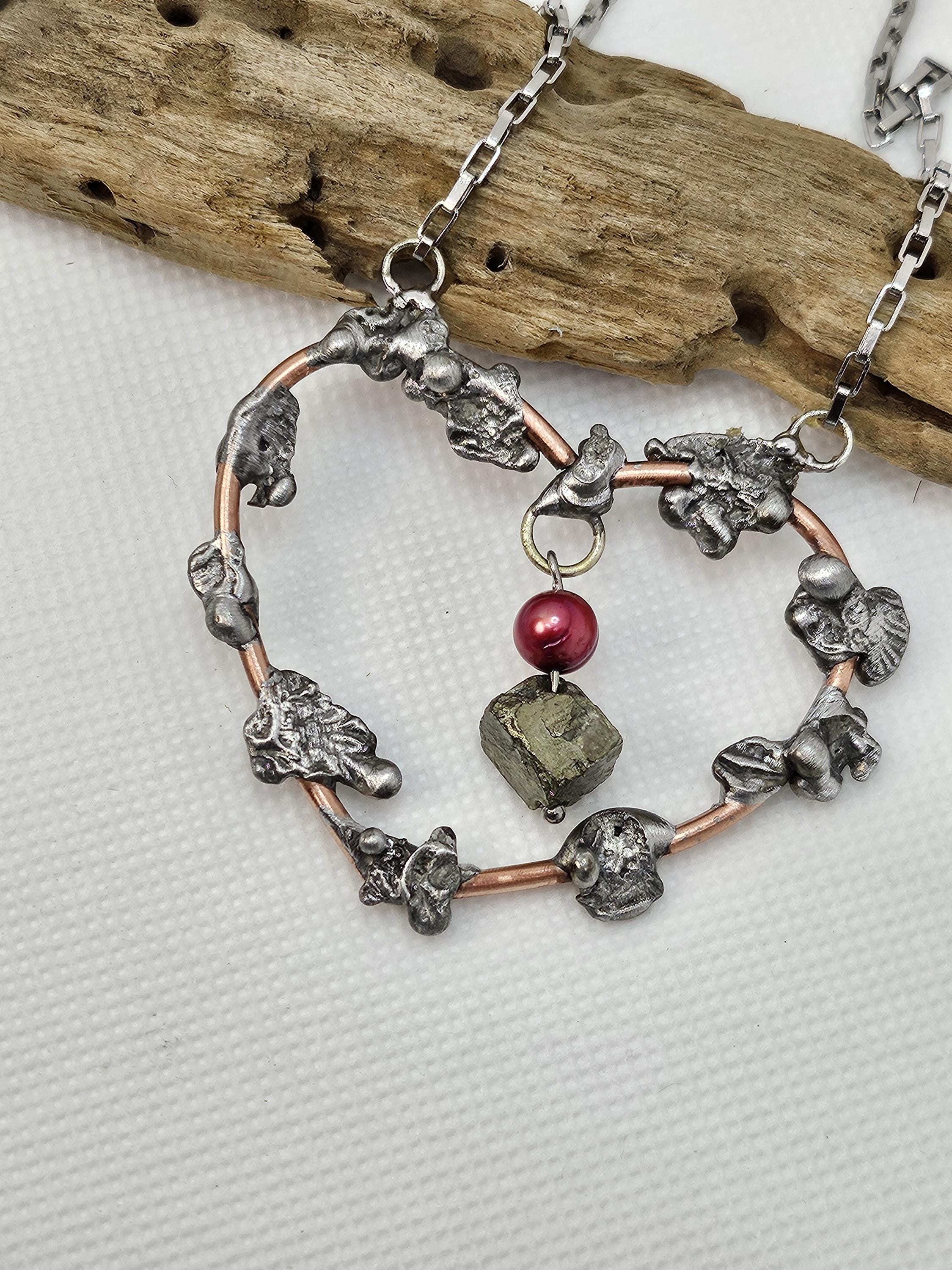 Handcrafted Pink Freshwater Pearl Necklace  Earring Set with Sparkling Pyrite Accents Durable Copper Wire Stainless Steel Hooks