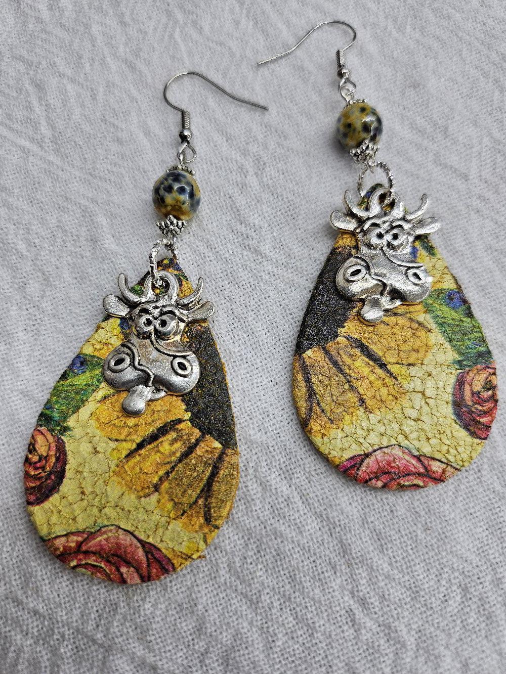 Leather Sunflower  Cow Print Dangle Earrings Handmade Rustic Boho Style Unique Stainless Steel Accessory for Gifting