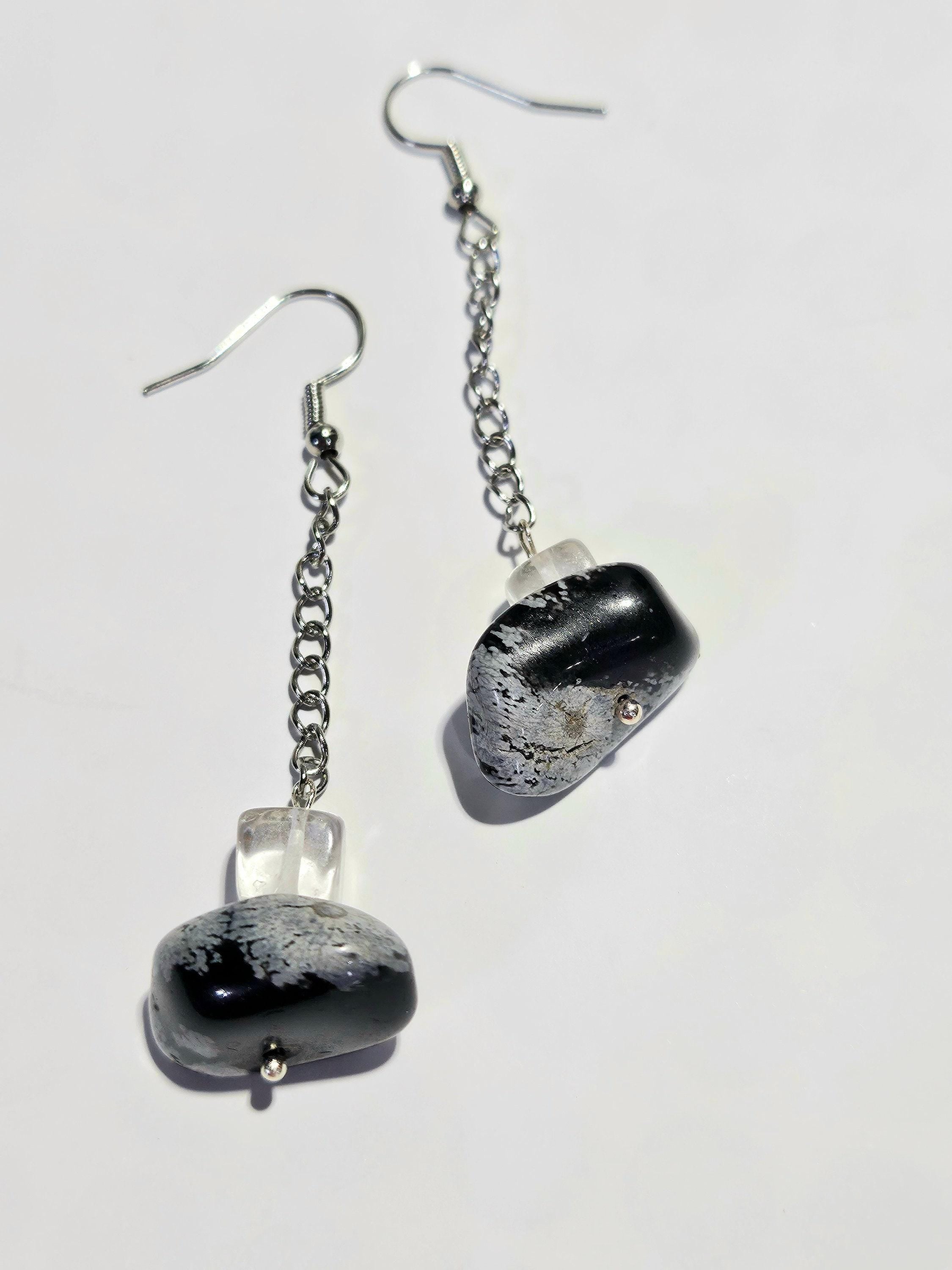 Snowflake Obsidian  Chain Drop Earrings Handmade Rustic Boho Jewelry Gift for Her Unique Statement Accessories with Free Shipping