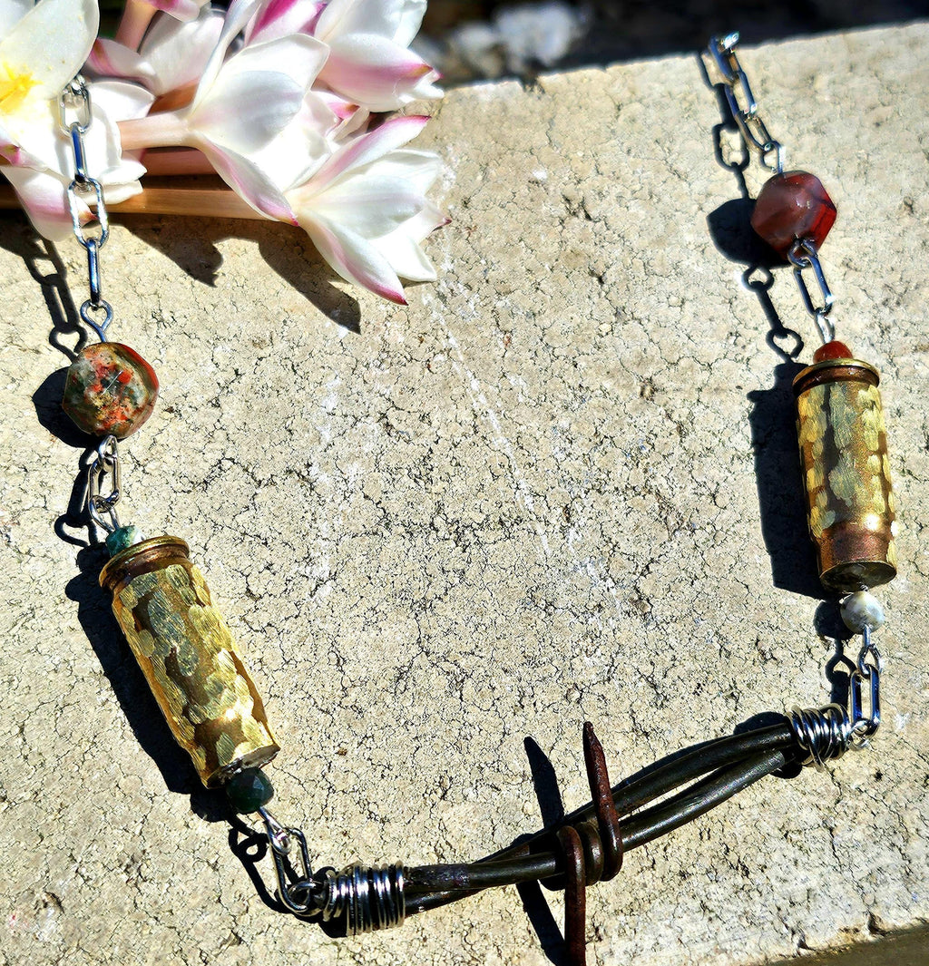 Barbed Wire  40mm Bullet Brass Pendant - Rustic Boho Handmade Jewelry Gift for Her - Unique Conversation Starter - Free Shipping