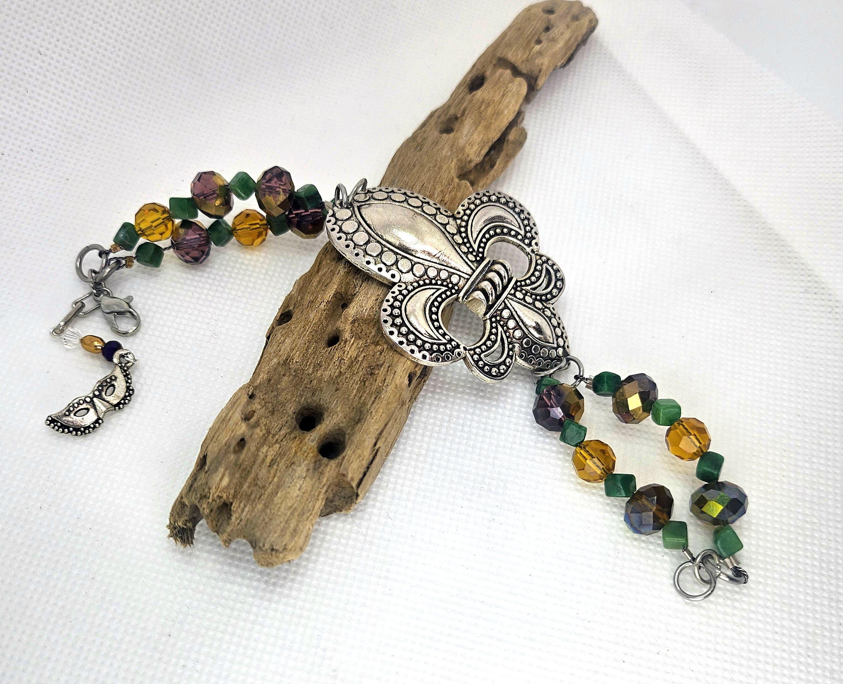 Moss Agate  Fleur De Lis Charm Bracelet for Mardi Gras Celebration Earthy Chic Jewelry Colorful Statement Accessory Perfect Gift