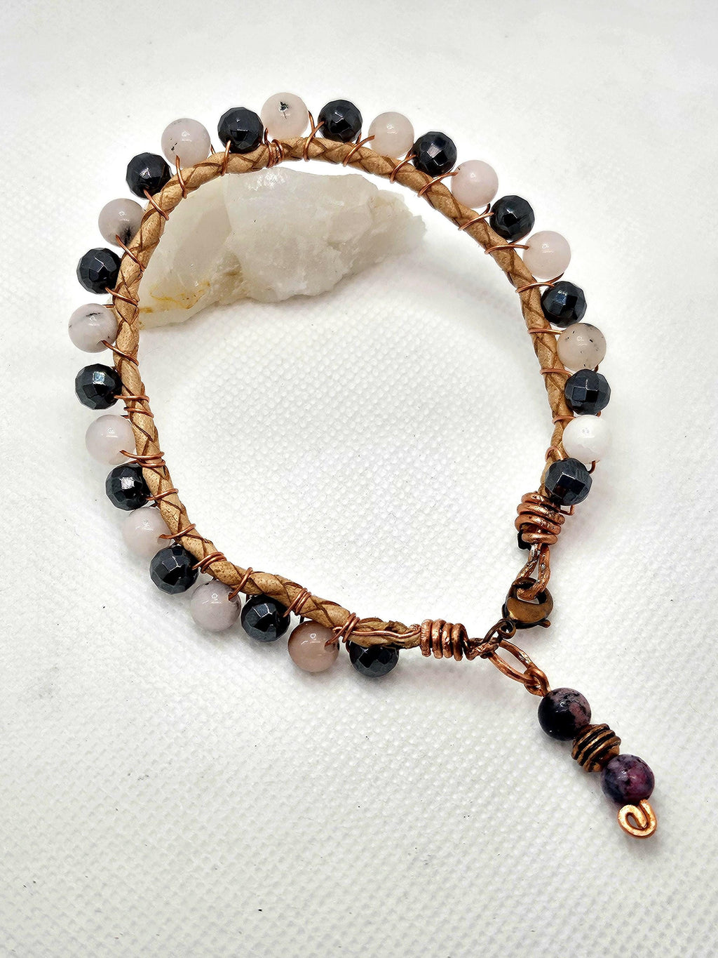 Rutilated Quartz  Hematite Leather Bracelet - Rustic Boho Handmade Jewelry Gift for Her - FREE SHIPPING