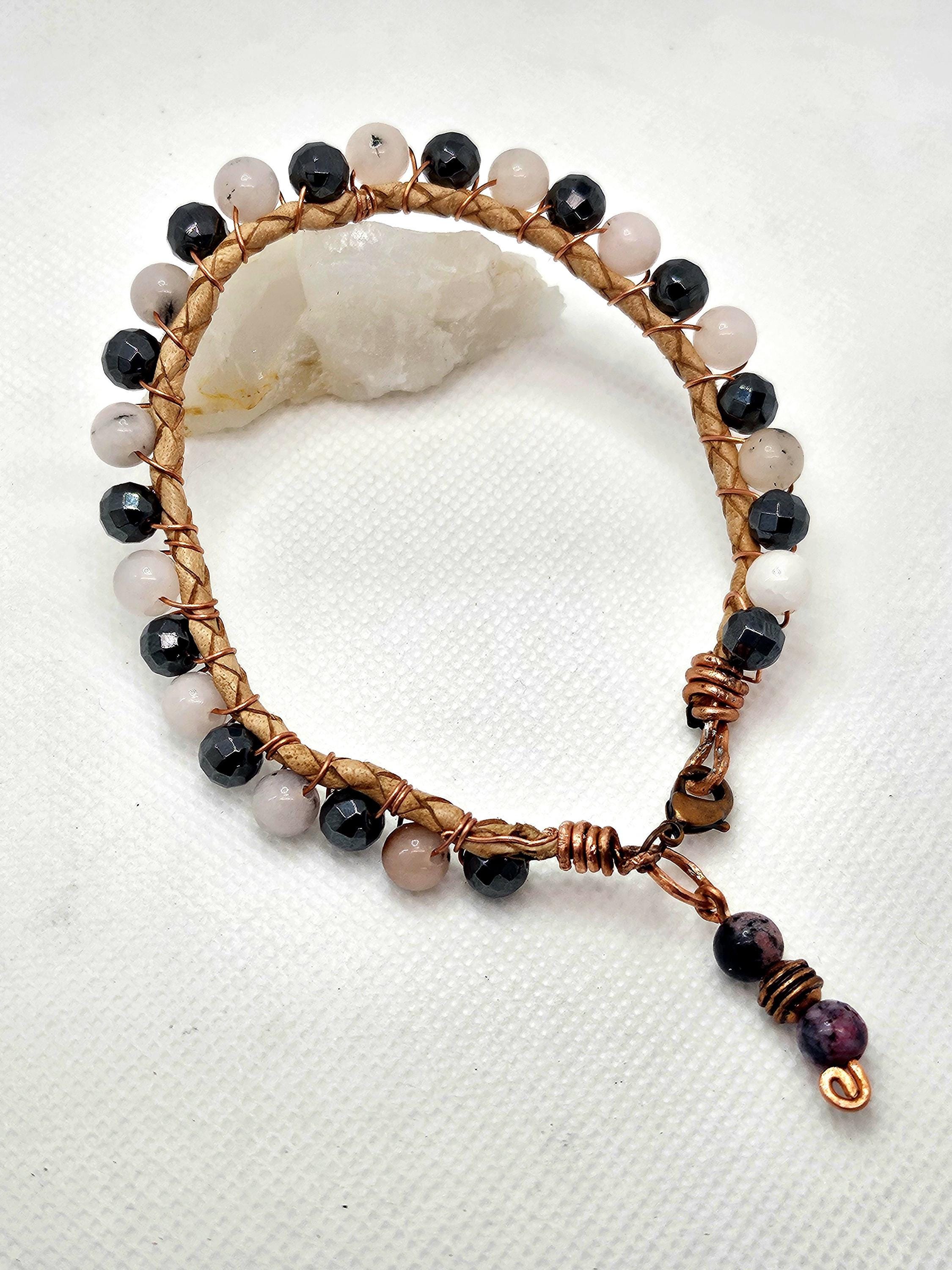 Rutilated Quartz  Hematite Leather Bracelet - Rustic Boho Handmade Jewelry Gift for Her - FREE SHIPPING