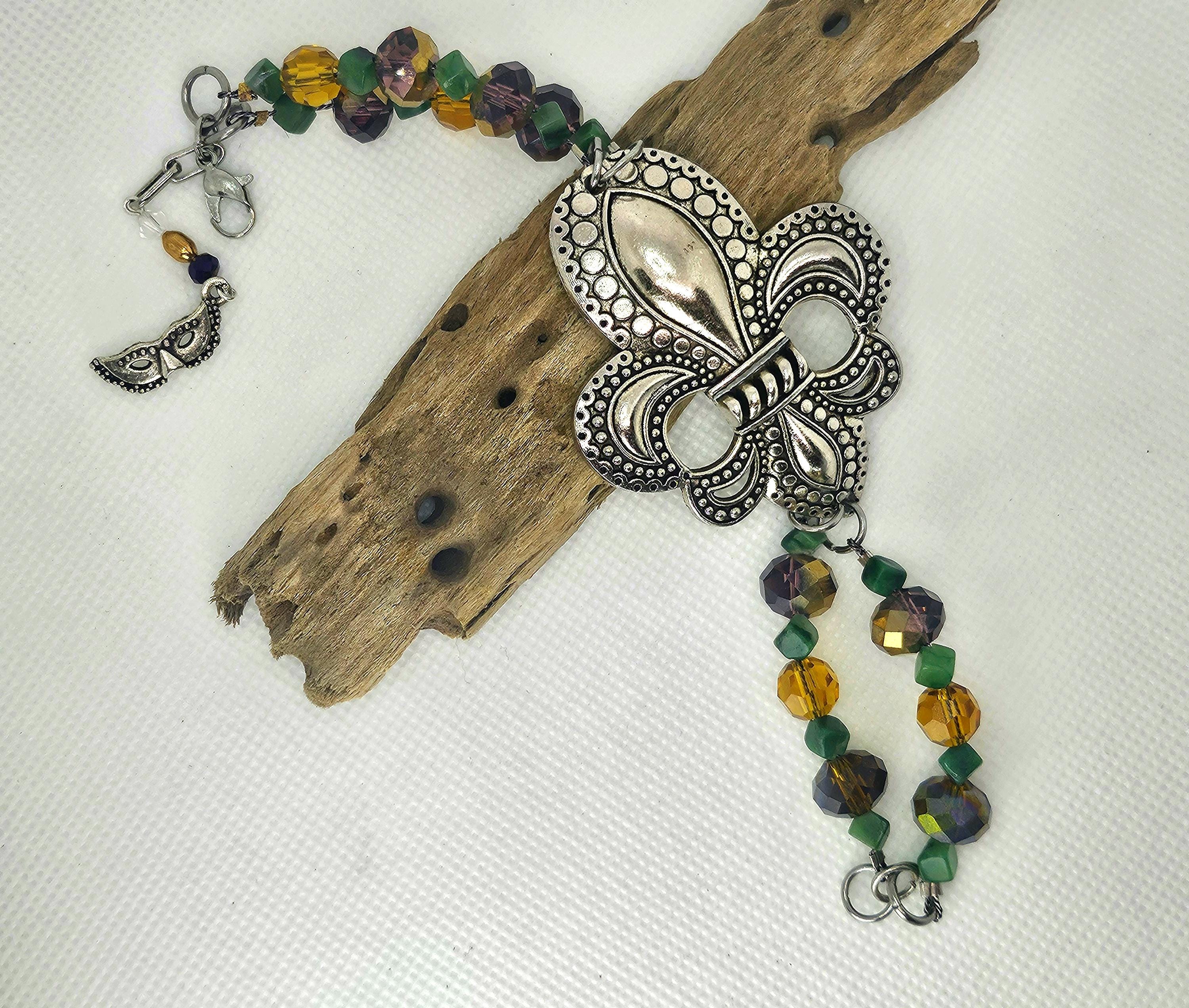 Moss Agate  Fleur De Lis Charm Bracelet for Mardi Gras Celebration Earthy Chic Jewelry Colorful Statement Accessory Perfect Gift