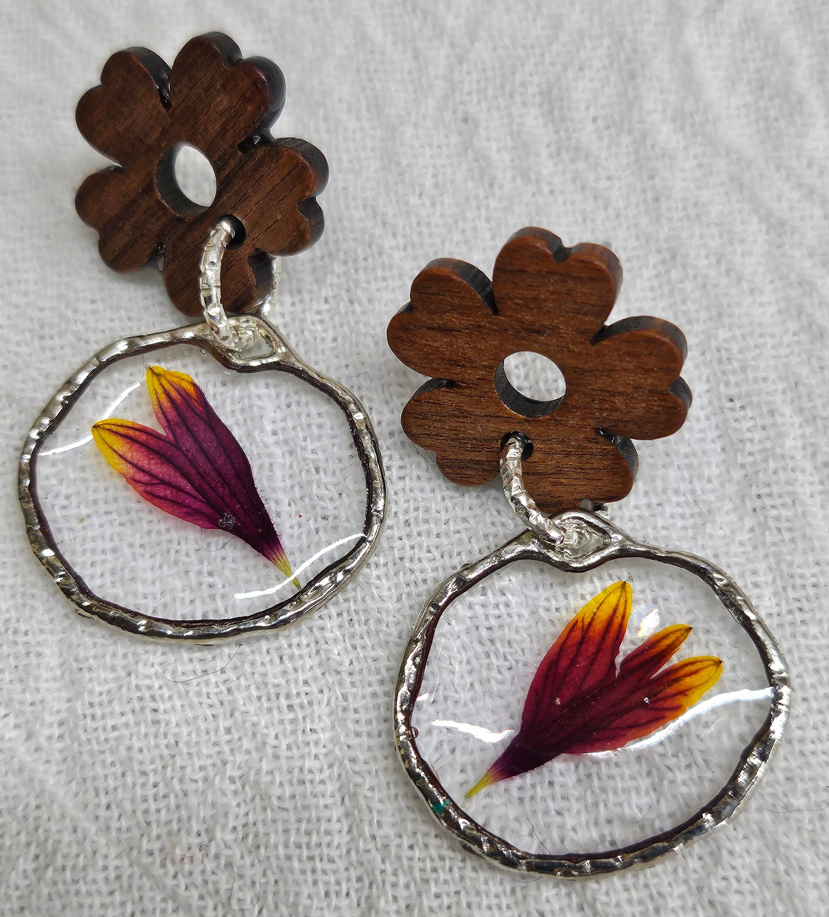 Oklahoma Wildflower Resin Flower Earrings - Handmade Red Wood Jewelry with Real Blanket Flowers - Unique One-of-a-Kind Accessories