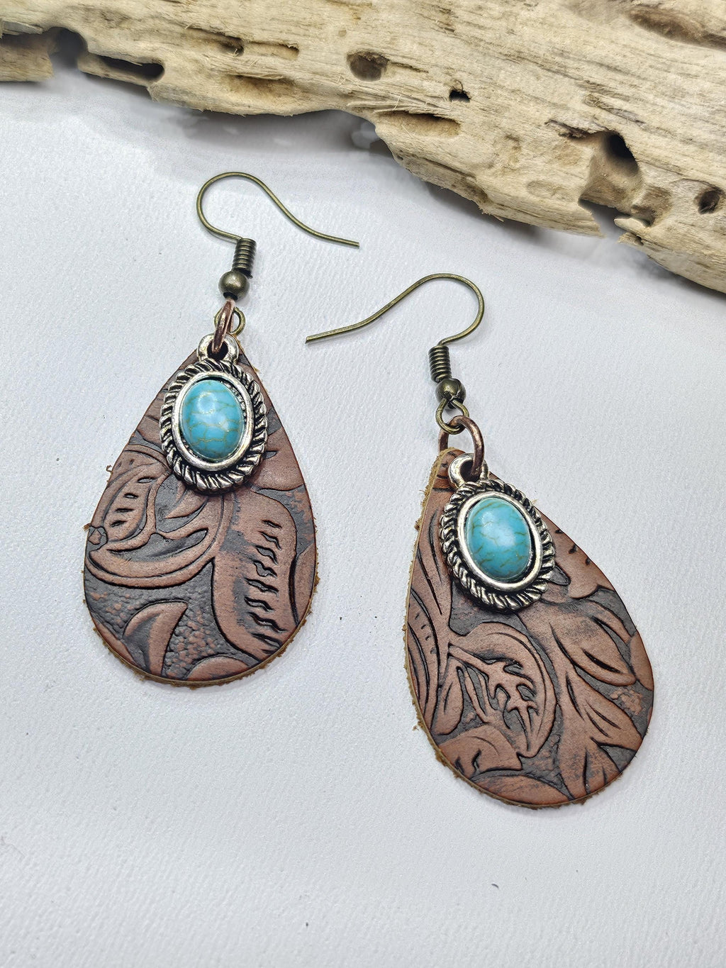 Handcut Leather Turquoise Dangle Earrings with Stainless Steel Hooks for Stylish Comfort