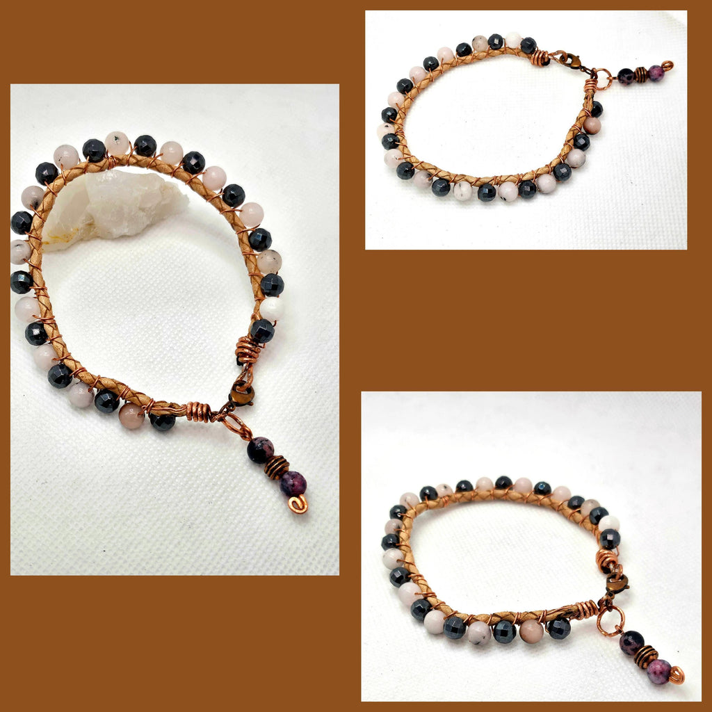 Rutilated Quartz  Hematite Leather Bracelet - Rustic Boho Handmade Jewelry Gift for Her - FREE SHIPPING