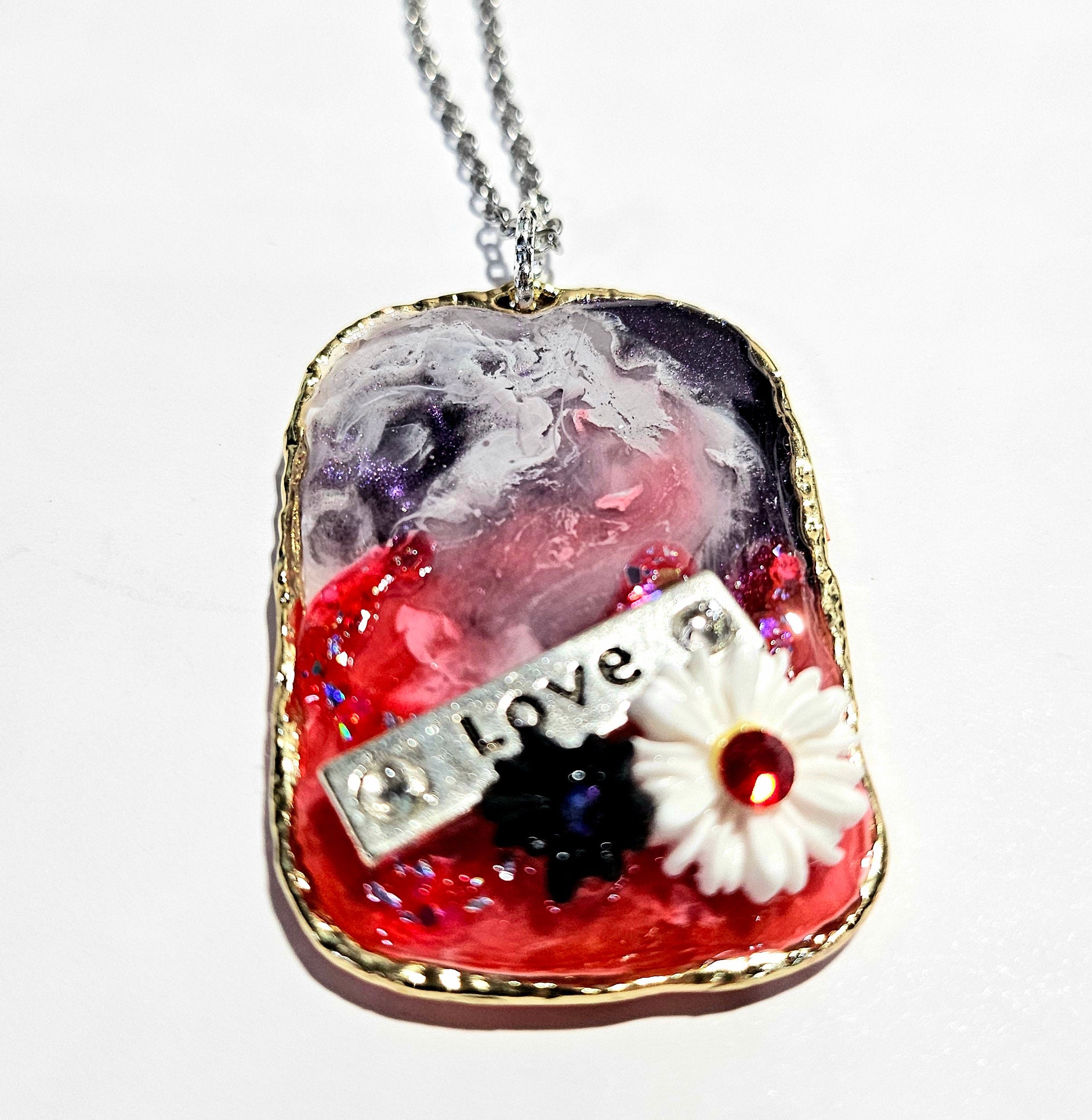 Red White  Blue Resin Pendant Necklace on Durable Stainless Steel Chain for Patriotic Style and Everyday Wear
