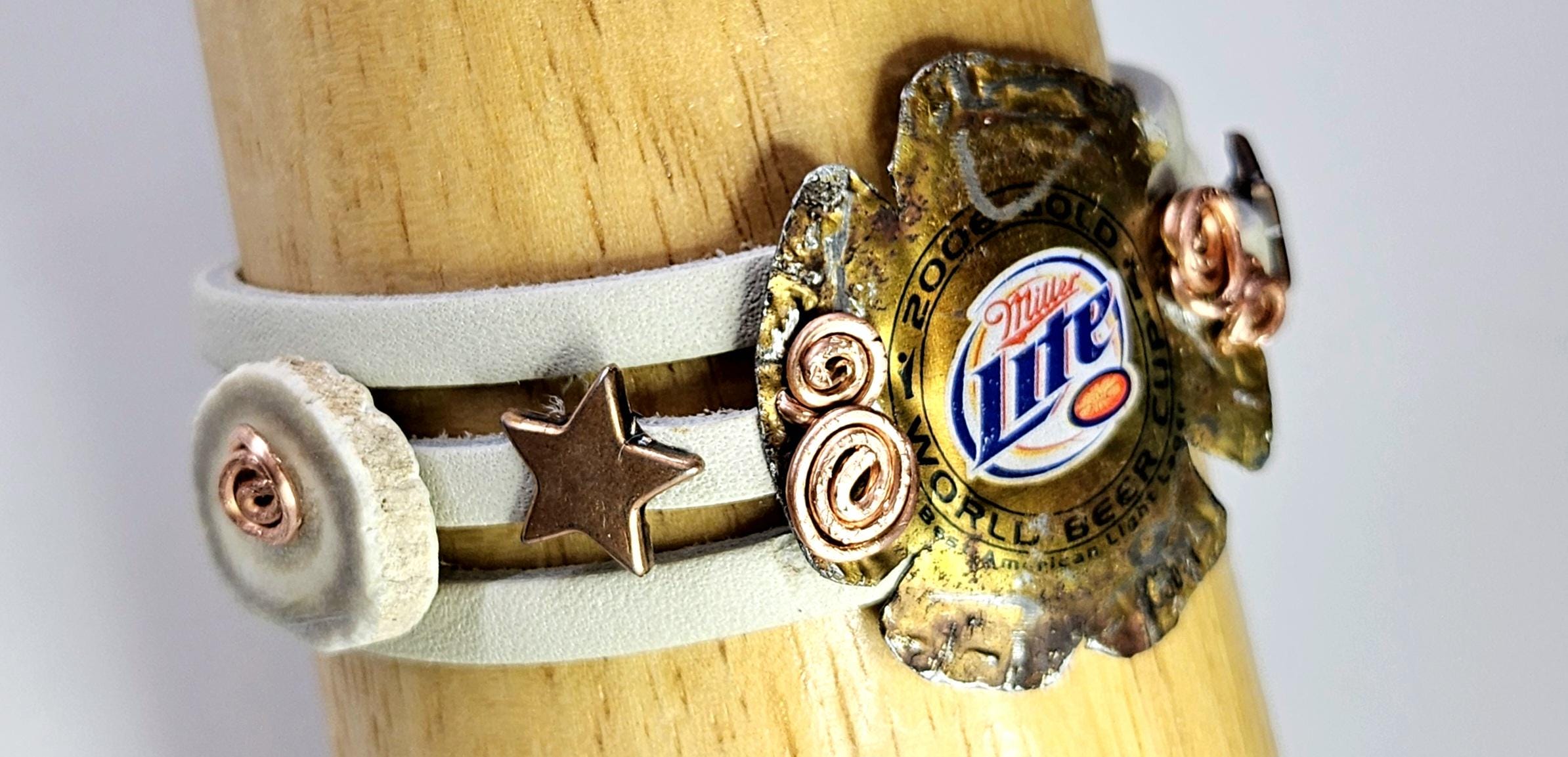 Metal Beer Cap Leather Bracelet with Genuine Deer Antler Slice for Rustic Strength Style  Masculinity
