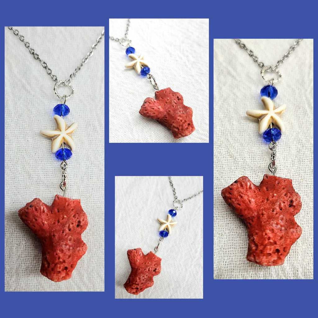 Red Coral  Magnesite Star Pendant - Rustic Boho Handmade Jewelry Gift for Her - Unique Statement Piece with Free Shipping