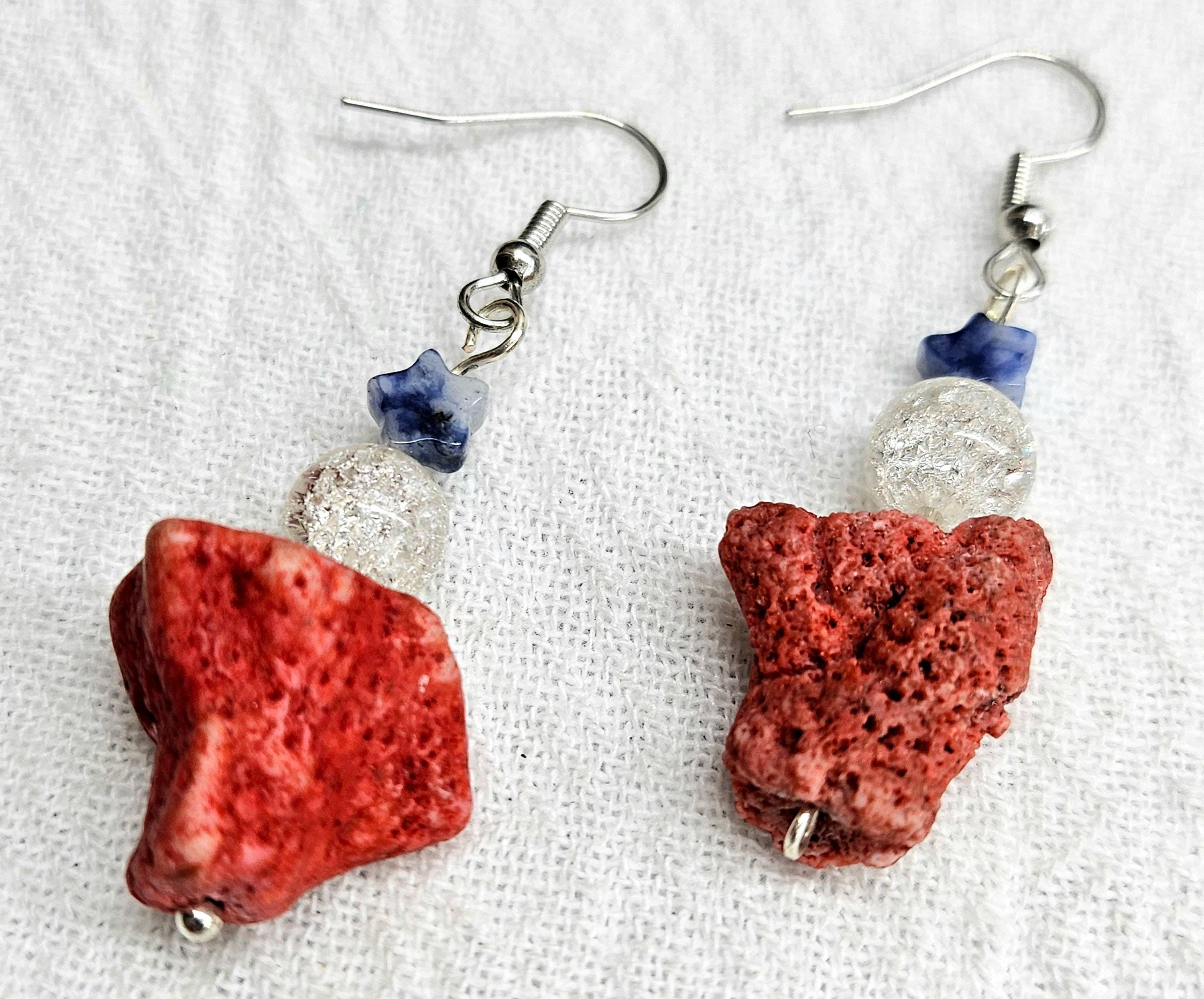 Natural Red Coral  Sodalite Drop Earrings - Handmade Rustic Boho Jewelry Gift for Her - Unique Statement Earrings with Free Shipping