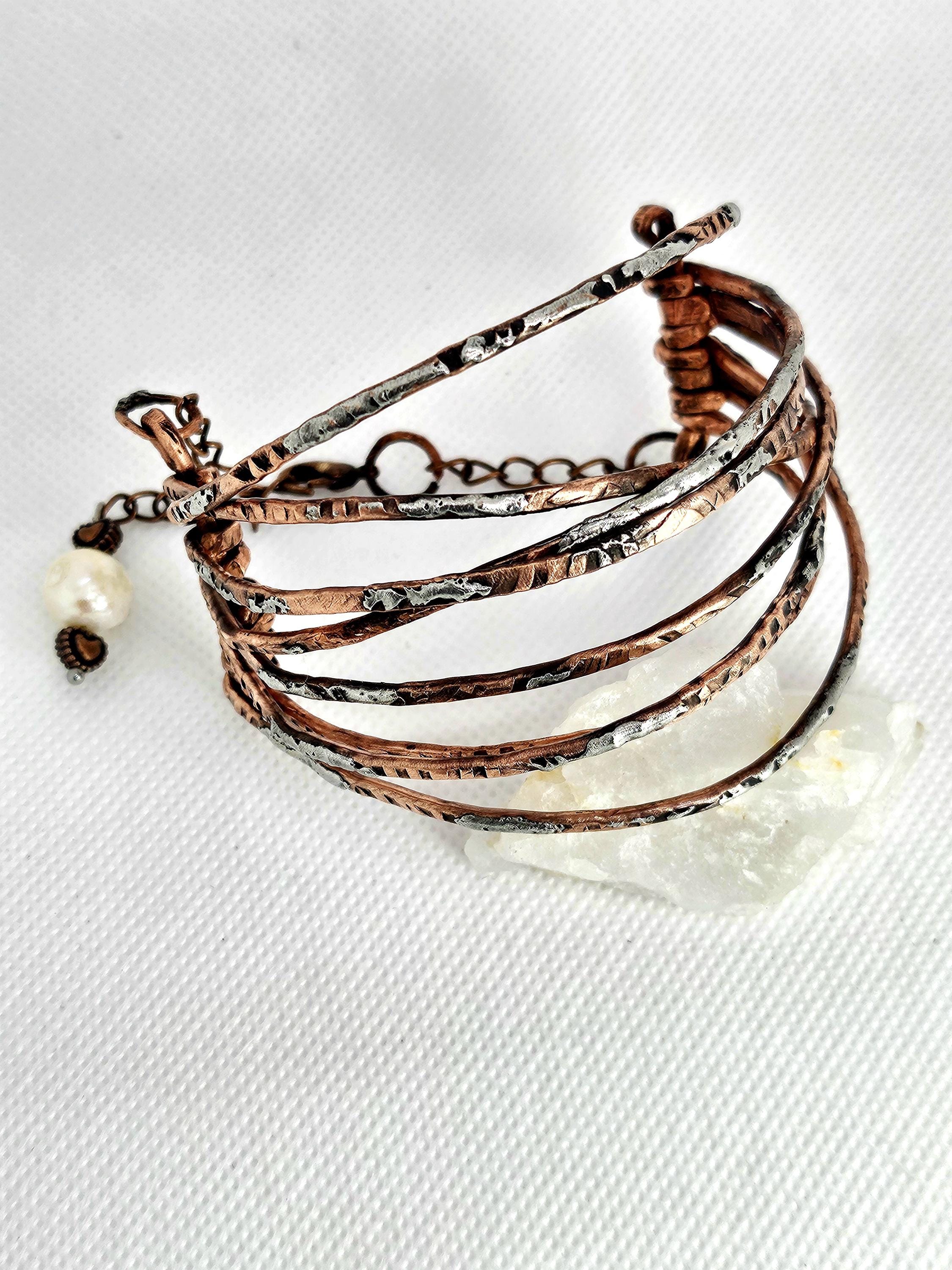 Hand Textured Copper Wire Bracelet with Silver Solder Accent  Rustic Charm Jewelry for Stylish Wrist Hugs  Unique Artisan Accessory