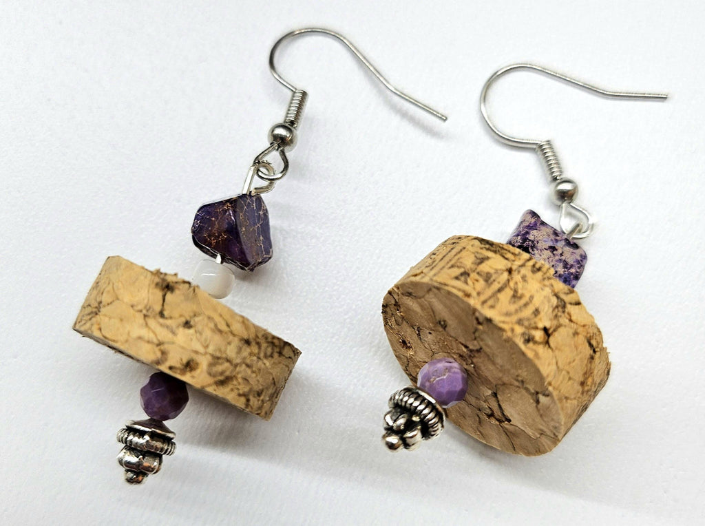 Purple Sea Sediment Jasper & Wine Cork Earrings Rustic Boho Handmade Jewelry Gift for Her Free Shipping | Rustic Boho Jewelry #363