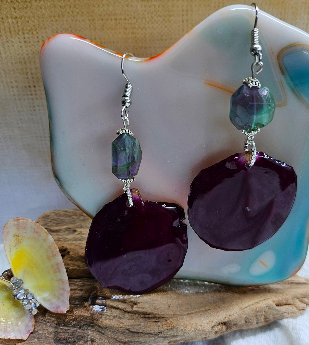 Dried  Pressed Rose Petal Earrings with Flourite Stone - Nature-Inspired Jewelry for Garden Lovers Floral Accessories for Every Occasion