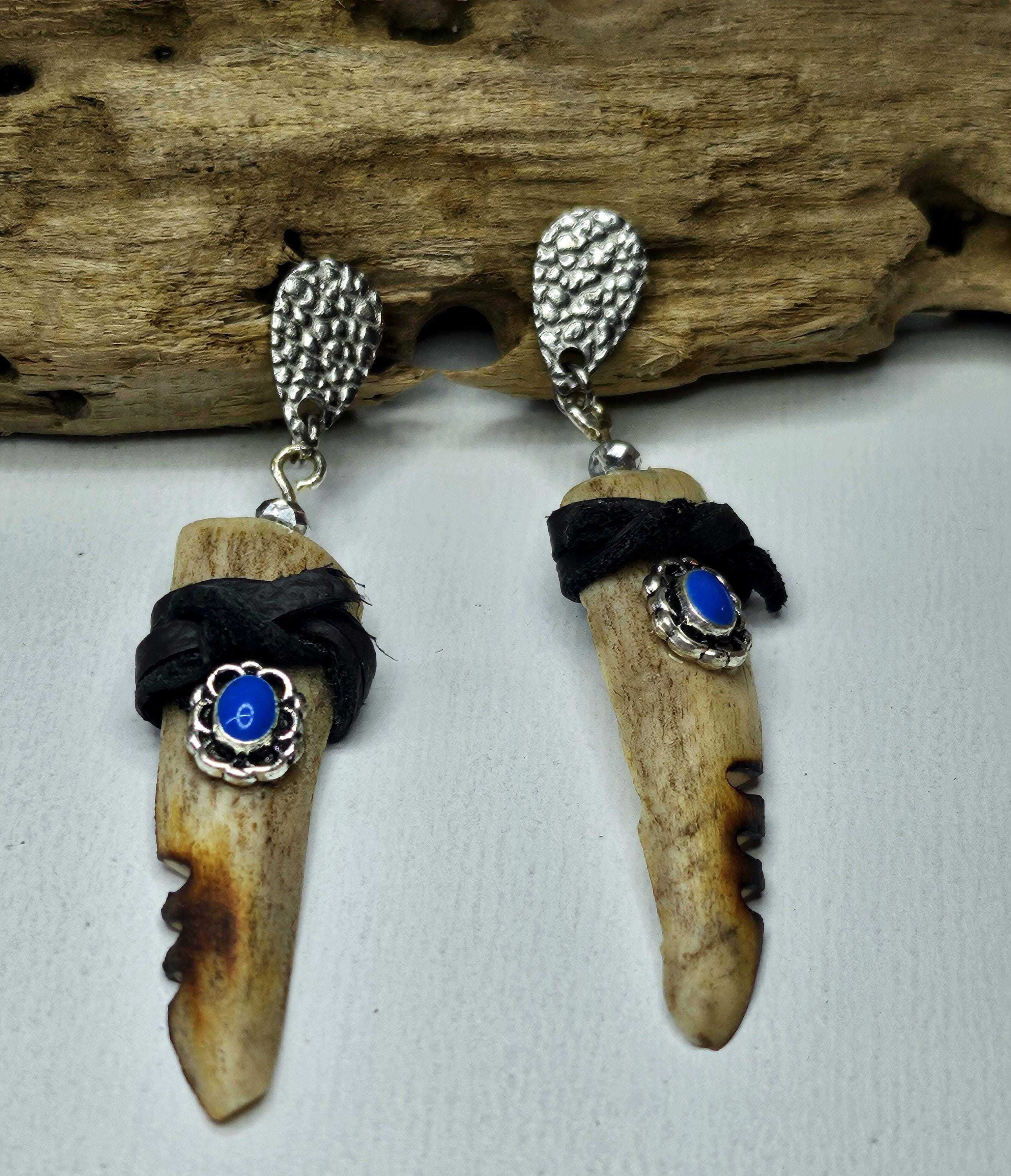 Handmade Rustic Boho Split Deer Antler Tine  Leather Earrings with Turquoise and Gemstones - Unique Gift for Her Free Shipping