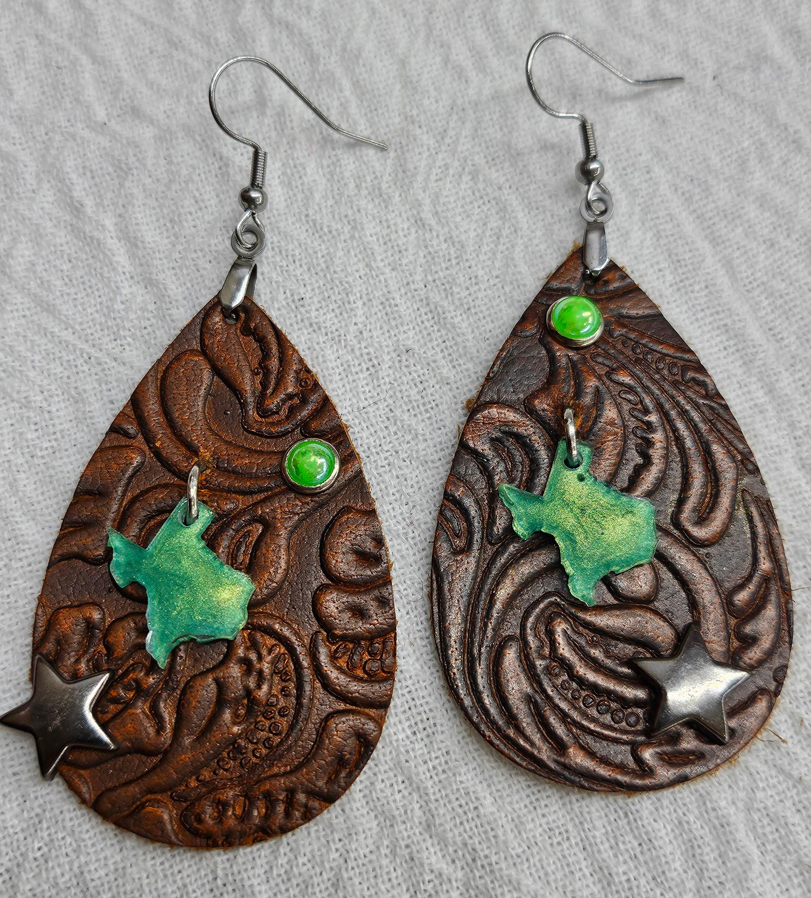 Handmade Tooled Leather Texas Earrings for Cowgirl Style - Rustic Boho Unique Studs  Drop Earrings Gift for Her with FREE Shipping