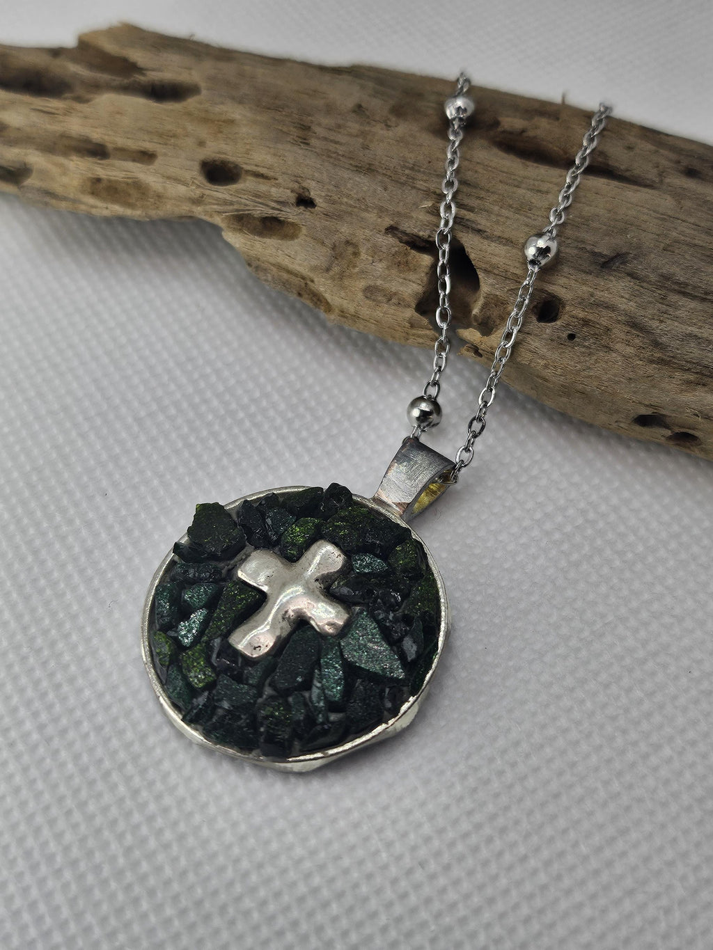 Micro Mosaic Cross Pendant on Durable Stainless Steel Chain - Artistic Jewelry for Unique Style and Conversation Starters