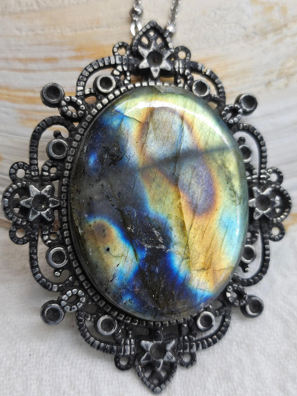 Natural Blue  Gold Flash Labradorite Stone Pendant - Unique Rustic Boho Handmade Jewelry Gift for Her - Artisan Accessory with Free Shipping