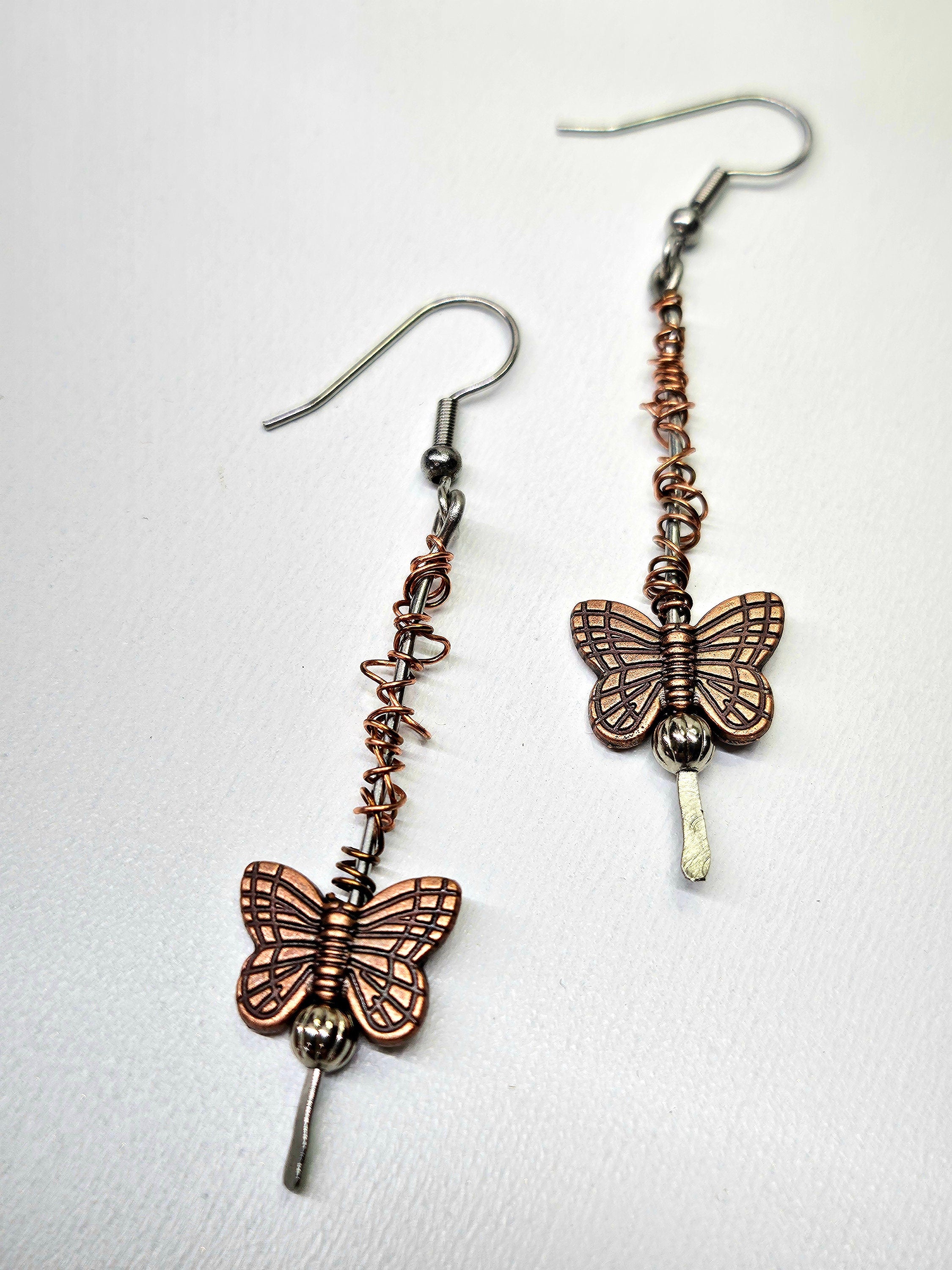 Copper Butterfly Dangle Earrings with Stainless Steel Hooks for Whimsical Fashion Lovers